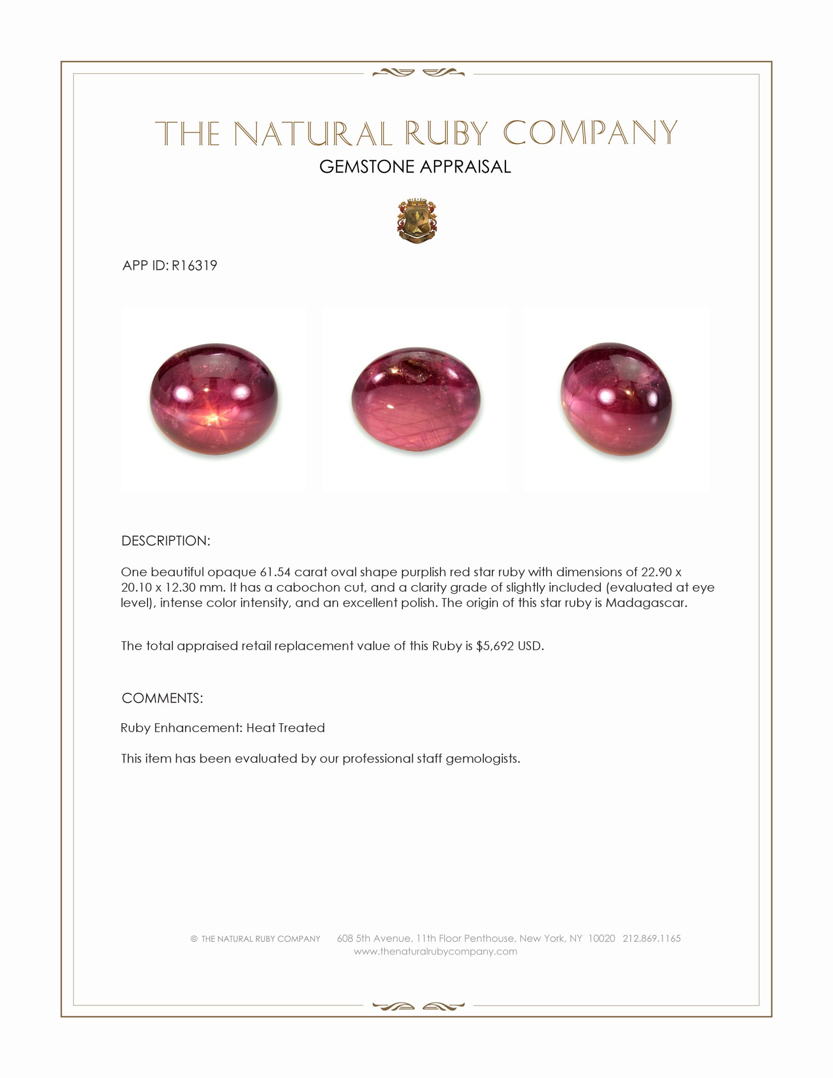 61.54 Ct. Purplish Red Star Ruby from Madagascar