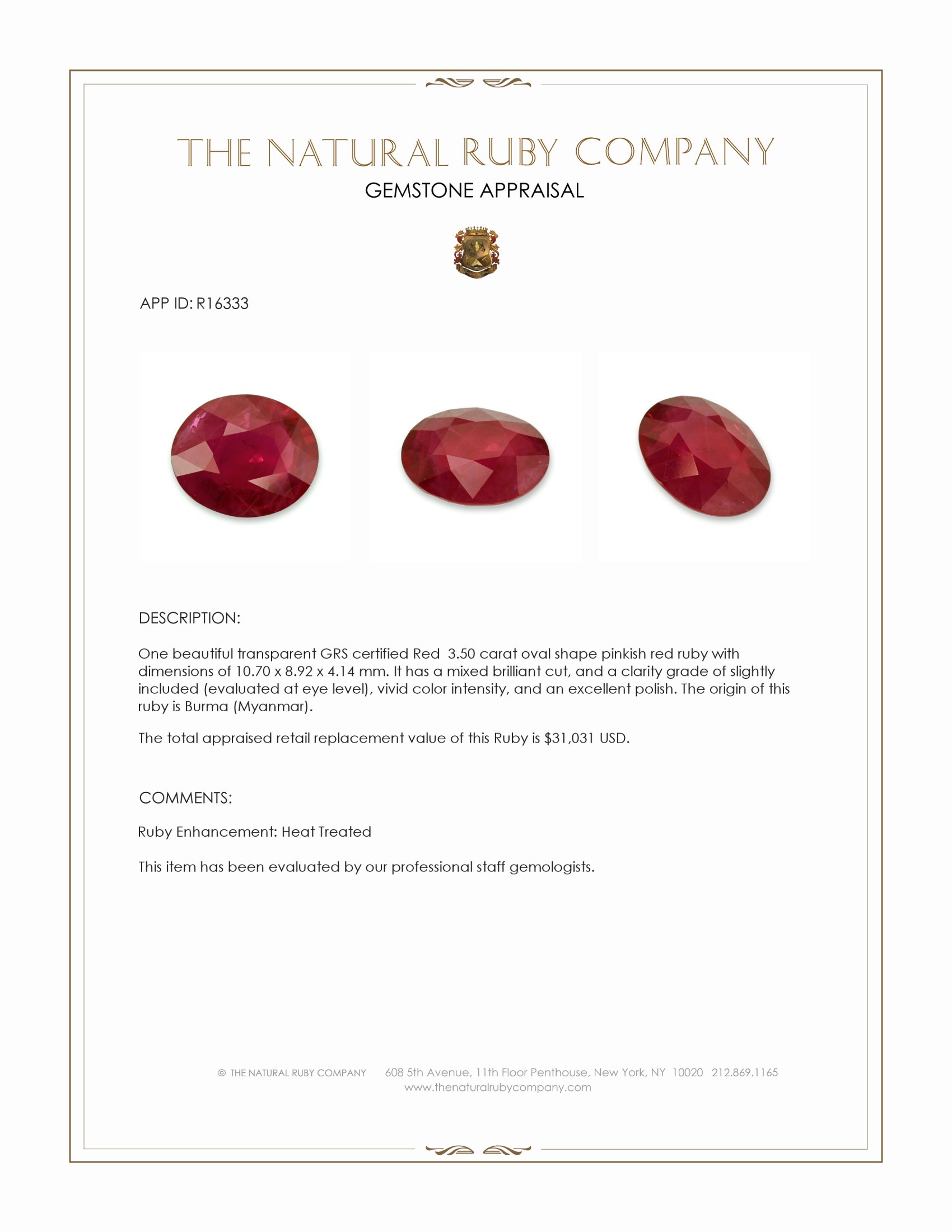 3.50 Ct. Pinkish Red Ruby from Burma (Myanmar)