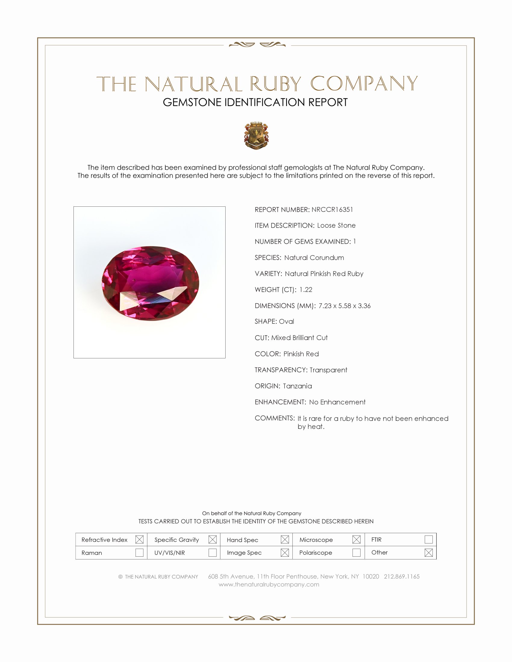 1.22 Ct. Pinkish Red Ruby from Tanzania