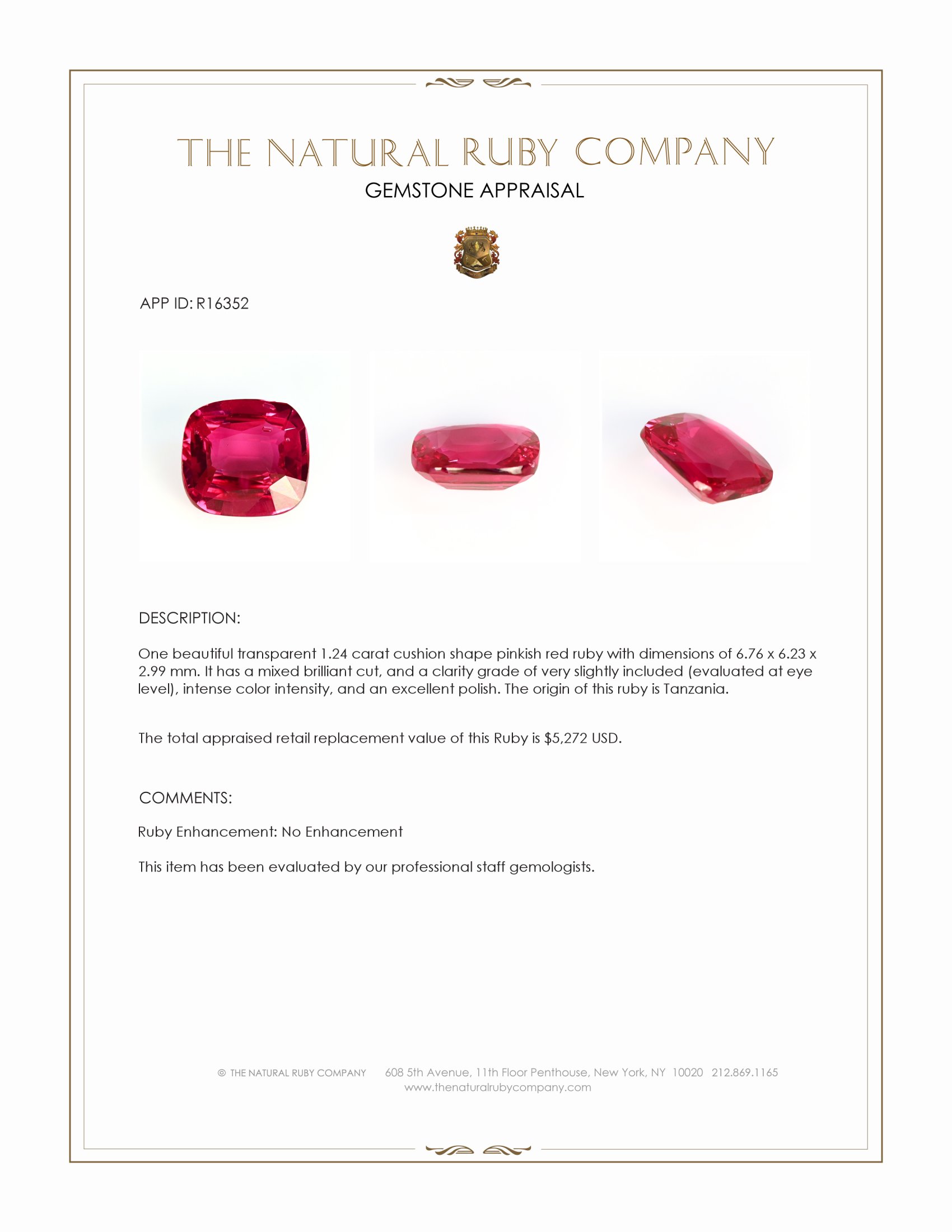 1.24 Ct. Pinkish Red Ruby from Tanzania