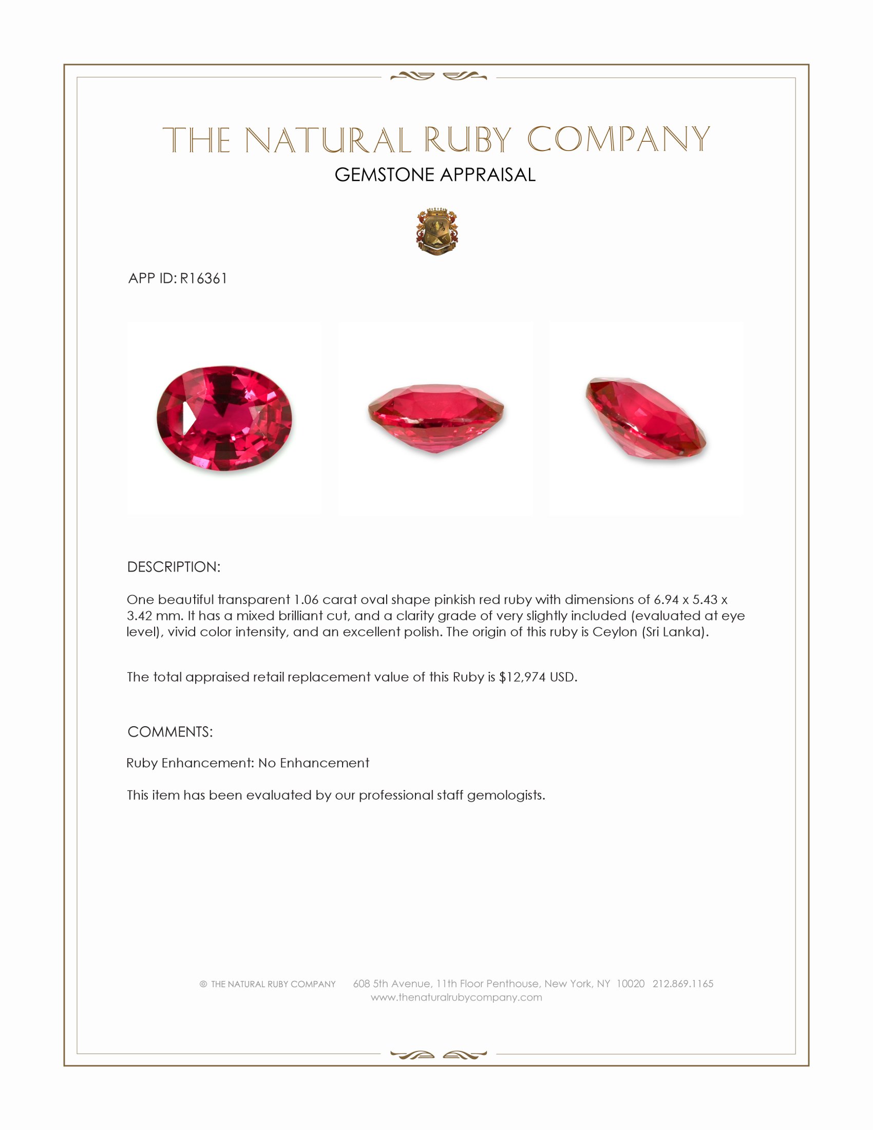1.06 Ct. Pinkish Red Ruby from Ceylon (Sri Lanka)