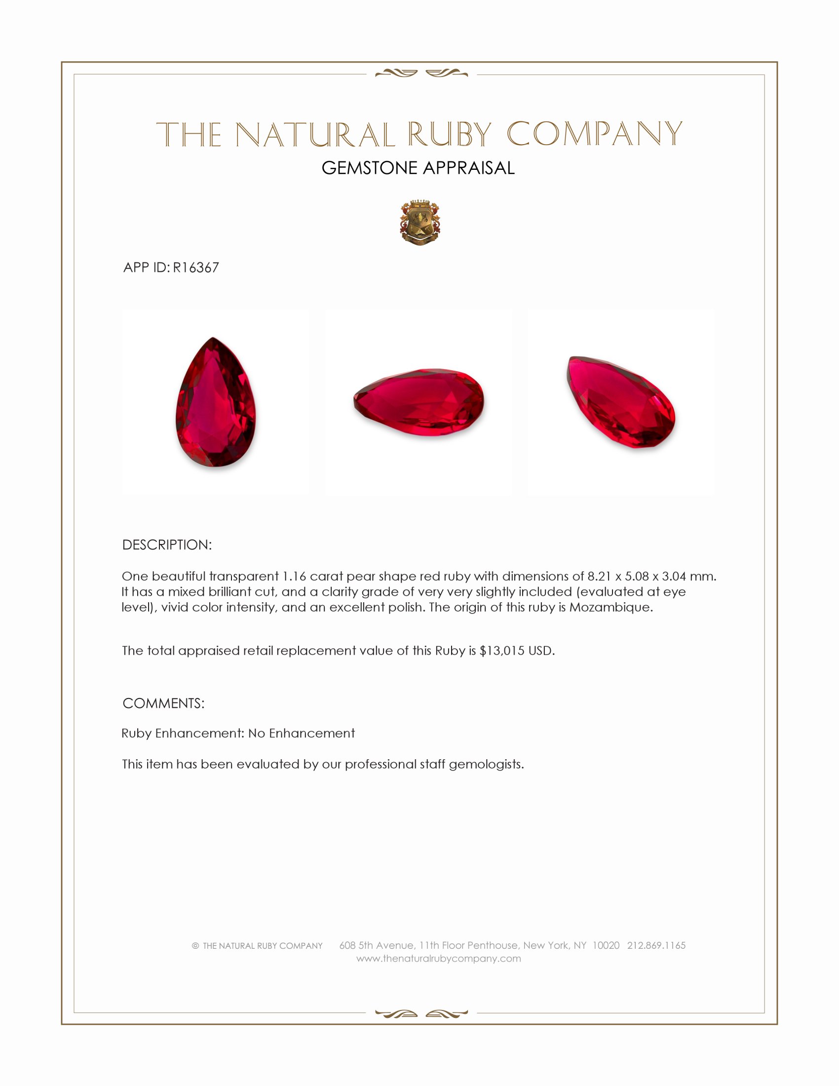 1.16 Ct. Ruby from Mozambique