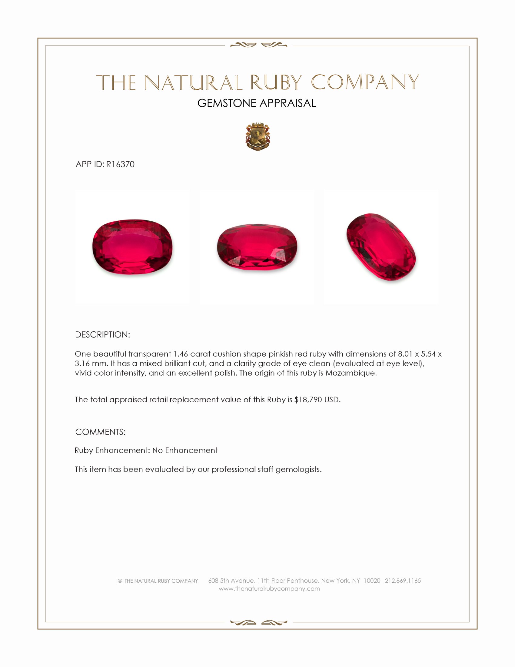 1.46 Ct. Pinkish Red Ruby from Mozambique