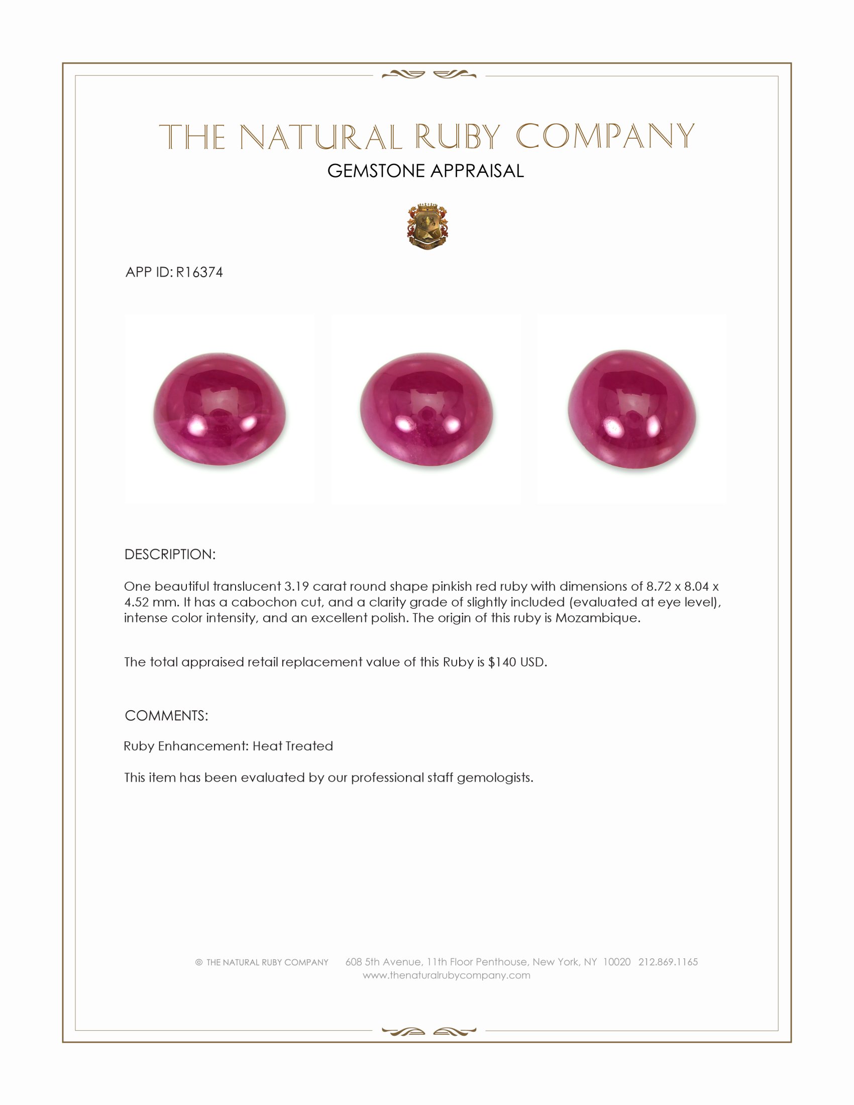 3.19 Ct. Pinkish Red Cabochon Ruby from Mozambique