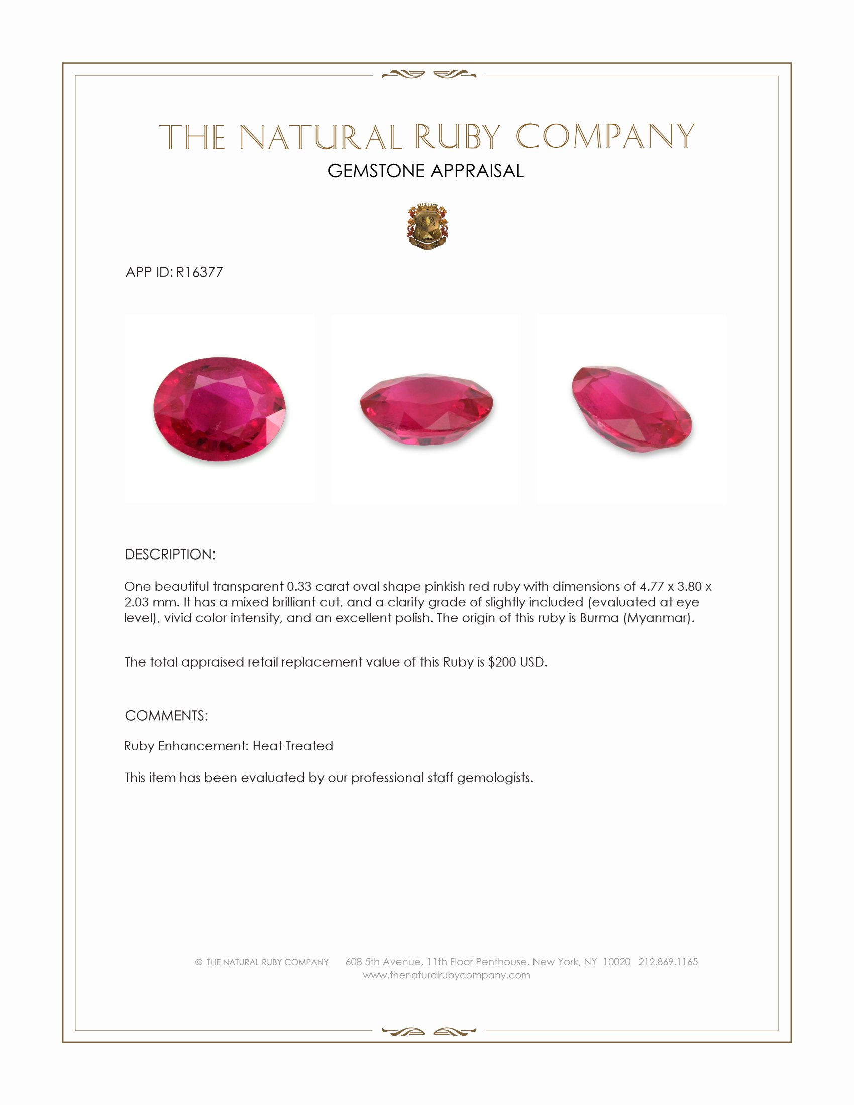 0.33 Ct. Pinkish Red Ruby from Burma (Myanmar)