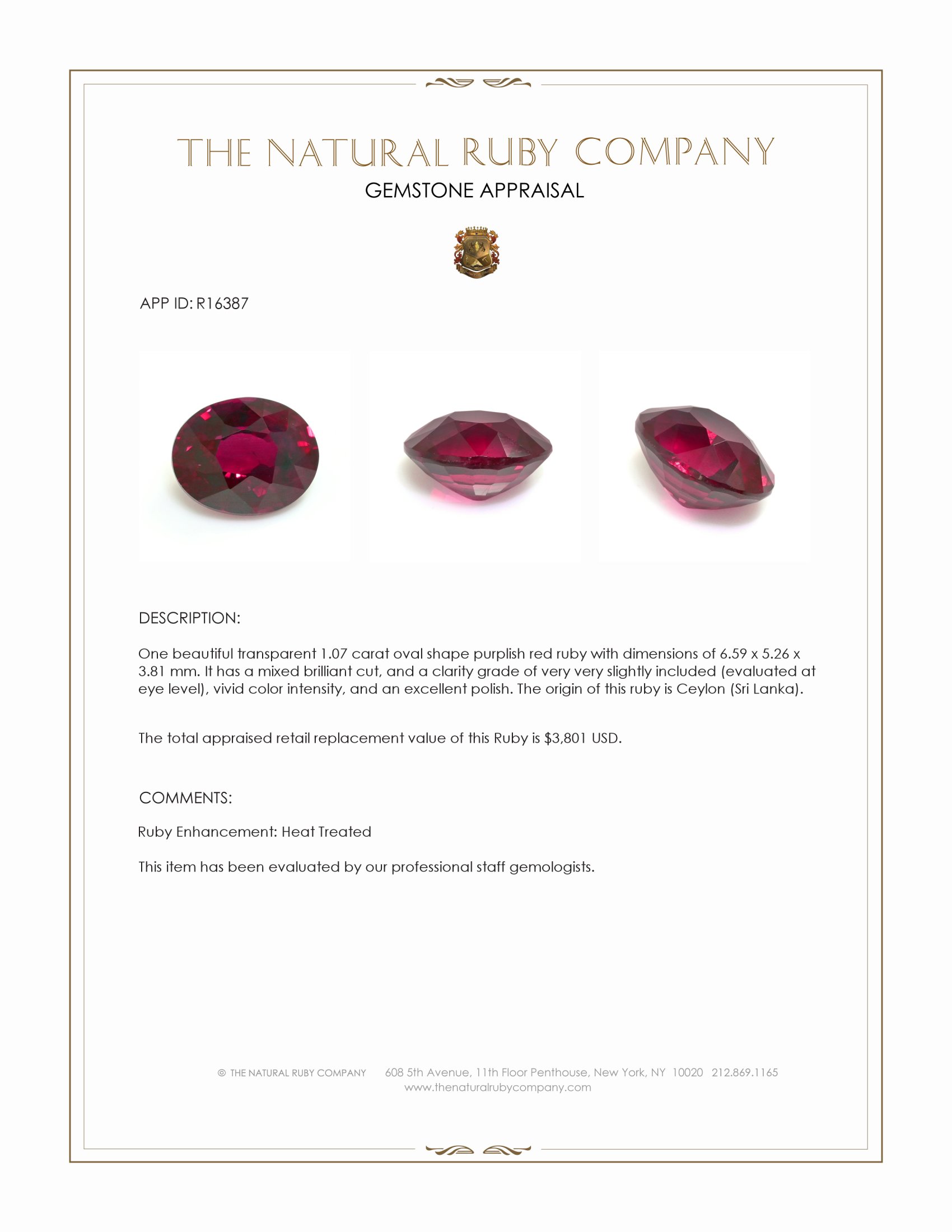 1.07 Ct. Purplish Red Ruby from Ceylon (Sri Lanka)