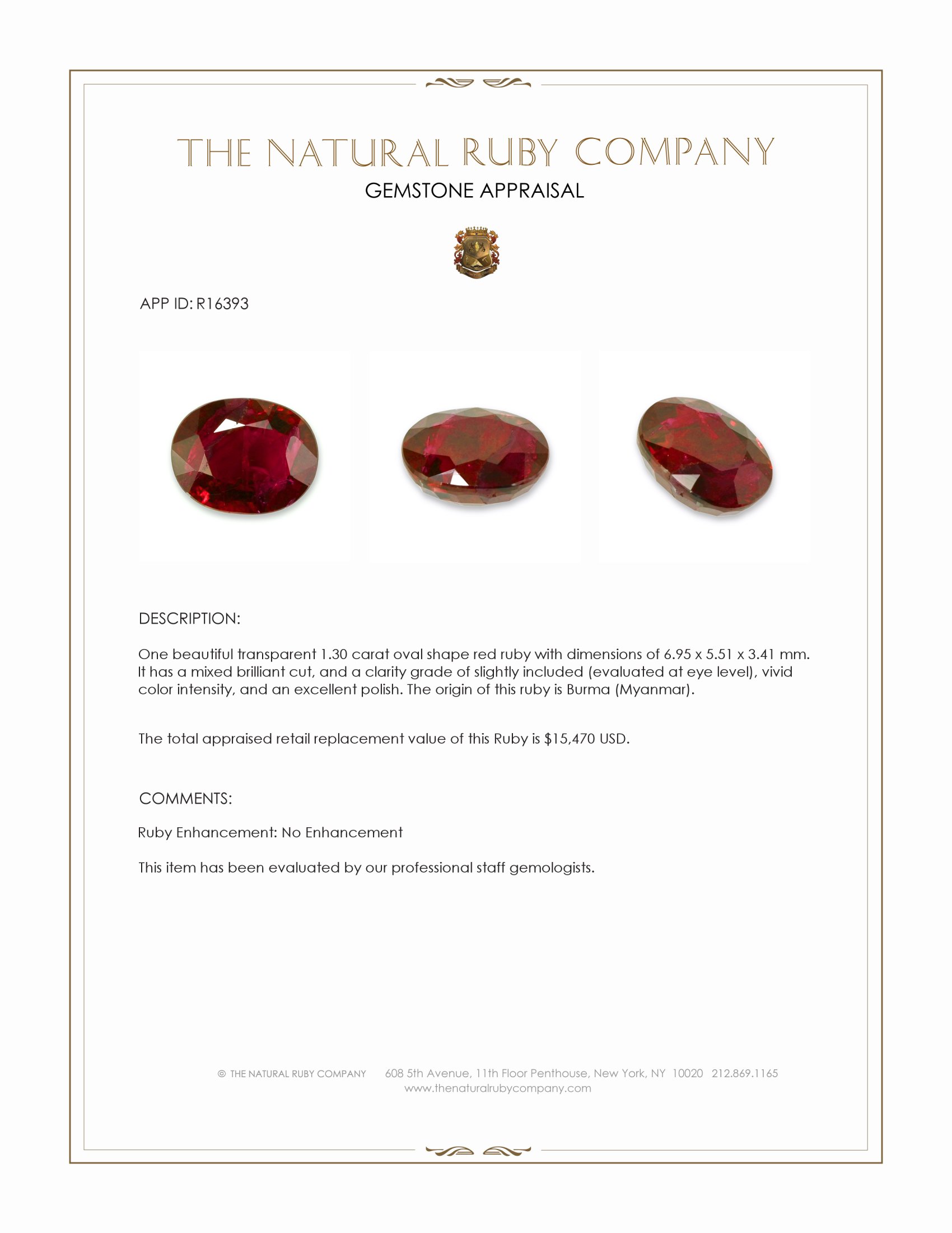1.30 Ct. Ruby from Burma (Myanmar)