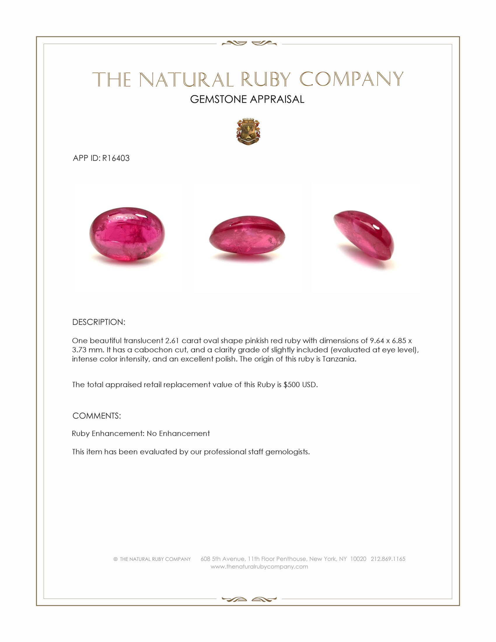 2.61 Ct. Pinkish Red Cabochon Ruby from Tanzania