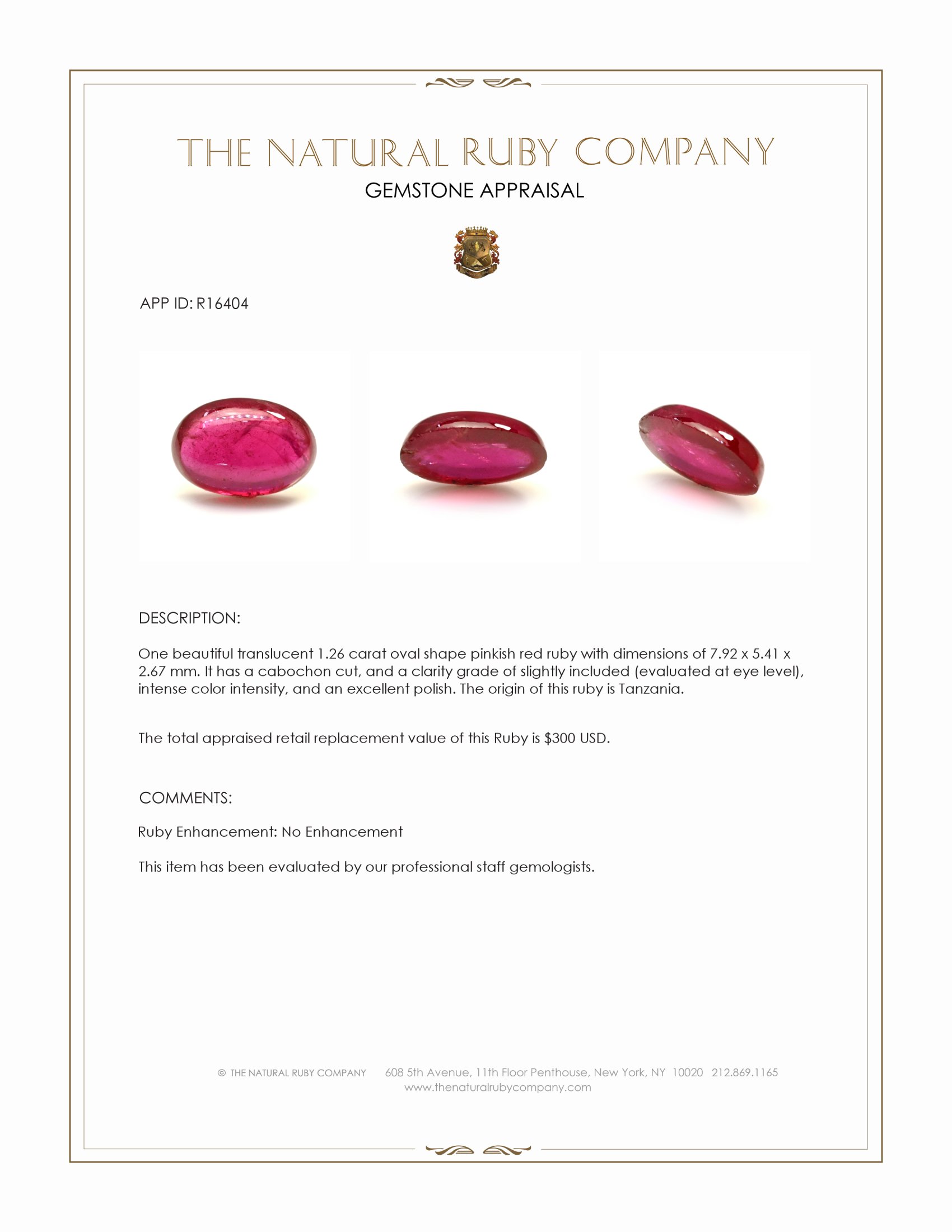 1.26 Ct. Pinkish Red Cabochon Ruby from Tanzania