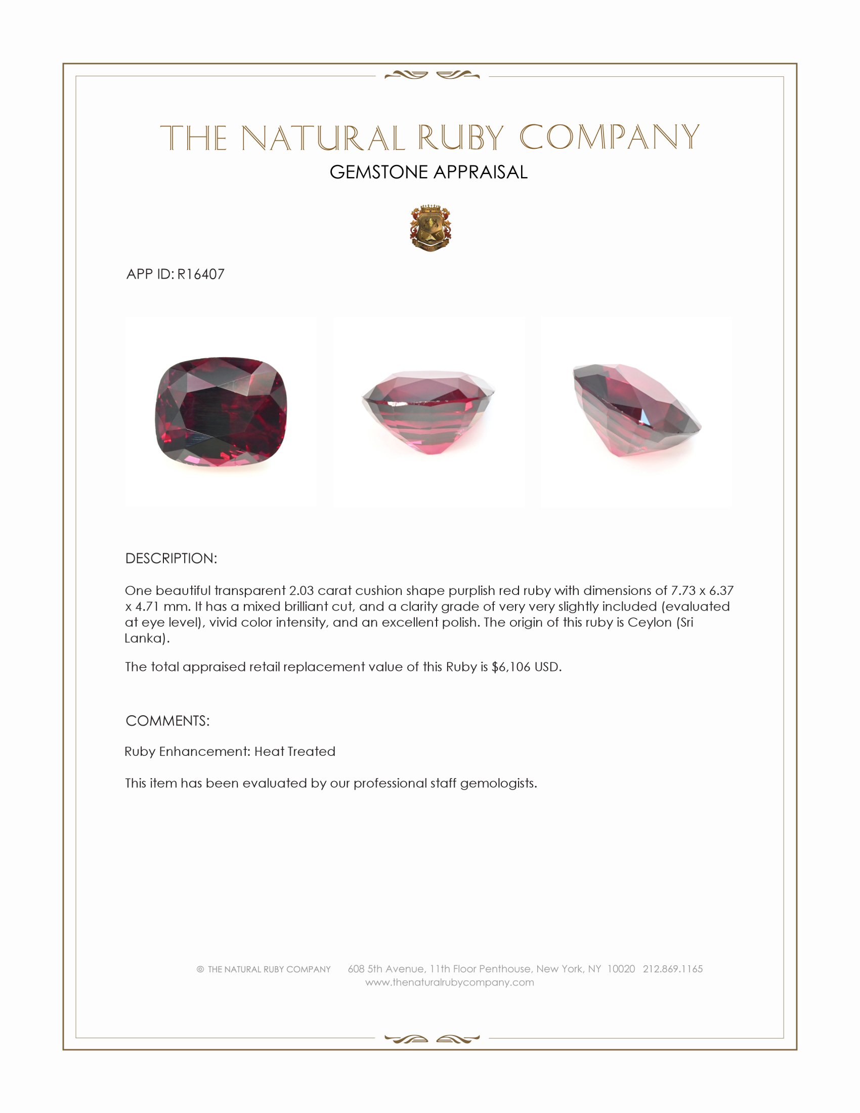 2.03 Ct. Purplish Red Ruby from Ceylon (Sri Lanka)