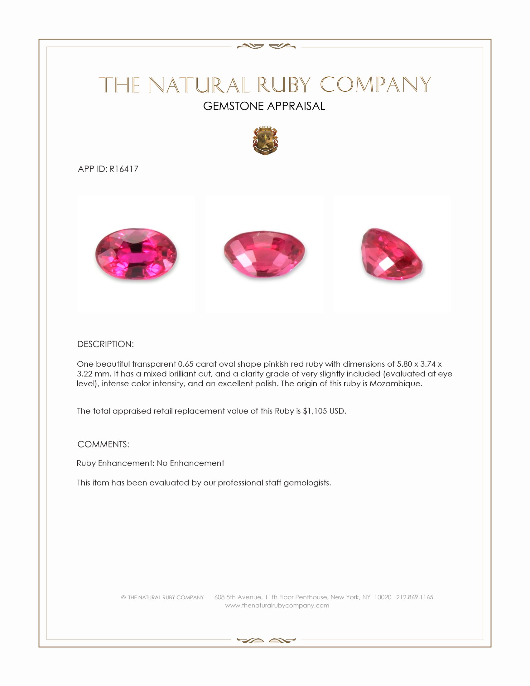 0.65 Ct. Pinkish Red Ruby from Mozambique