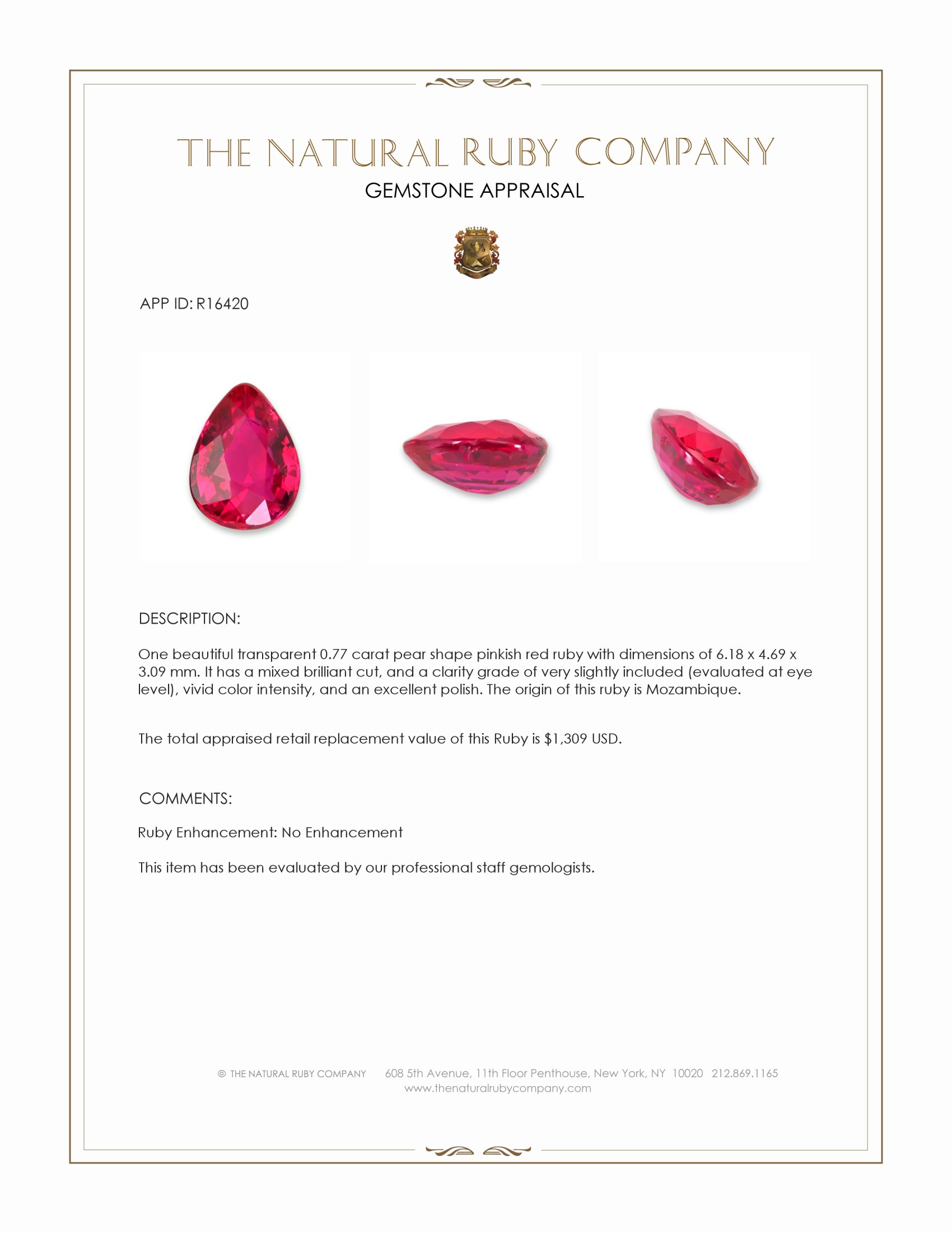 0.77 Ct. Pinkish Red Ruby from Mozambique