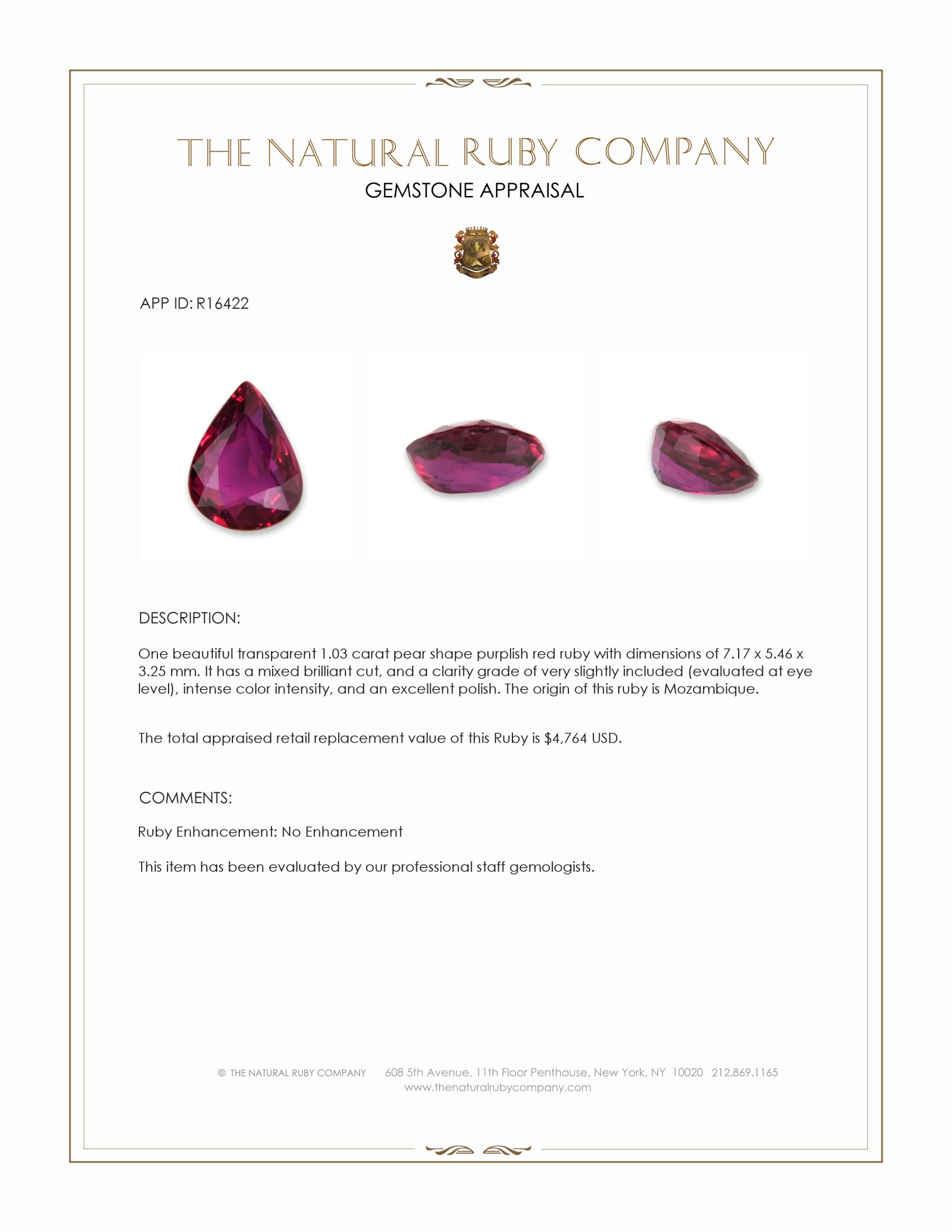 1.03 Ct. Purplish Red Ruby from Mozambique
