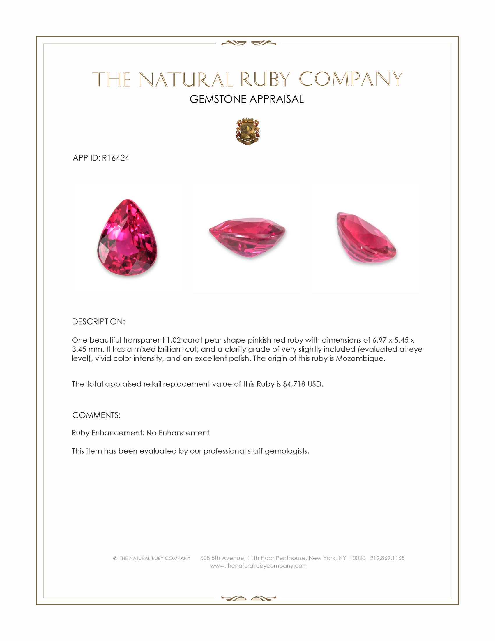 1.02 Ct. Pinkish Red Ruby from Mozambique