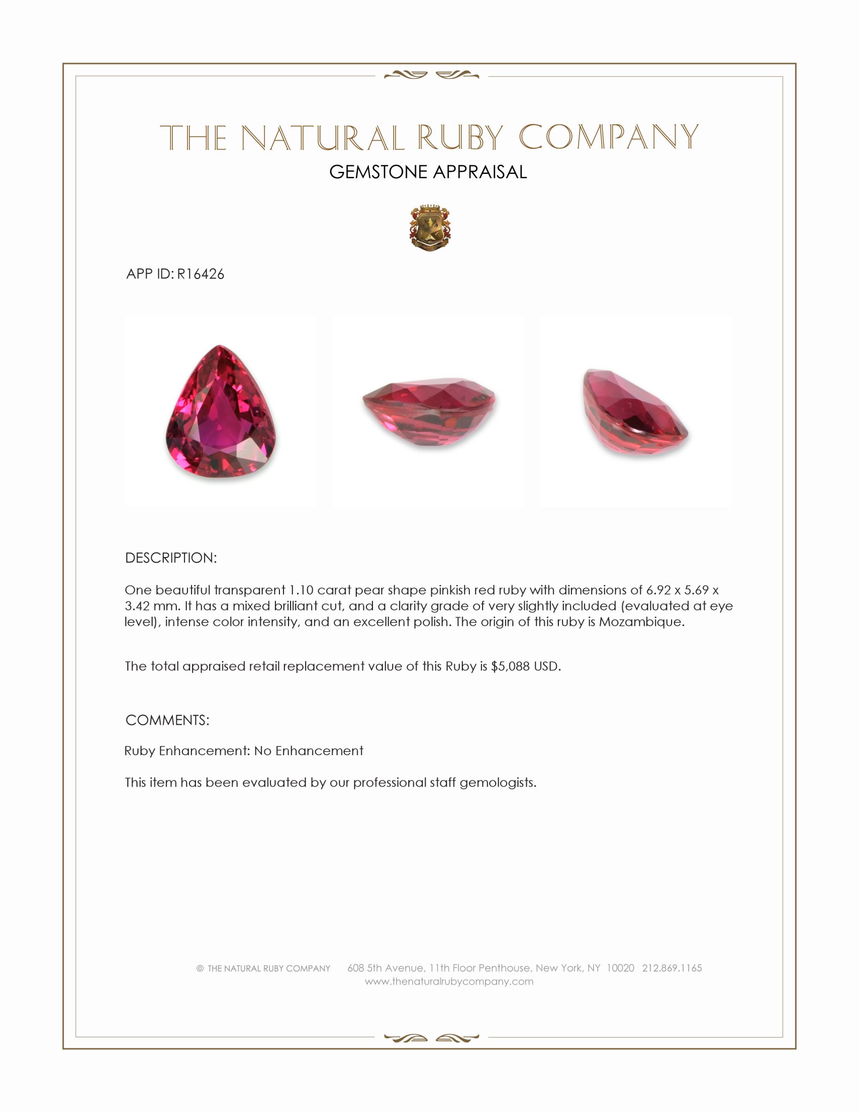 1.10 Ct. Pinkish Red Ruby from Mozambique