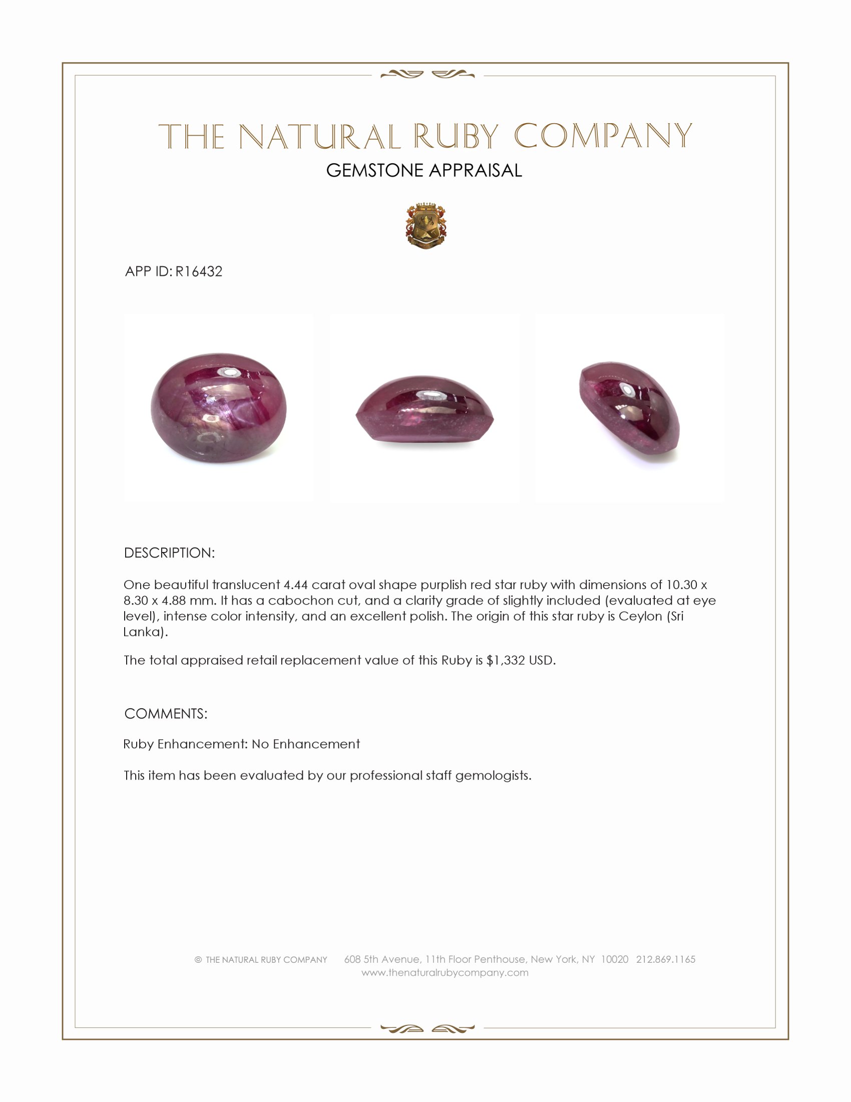 4.44 Ct. Purplish Red Star Ruby from Ceylon (Sri Lanka)