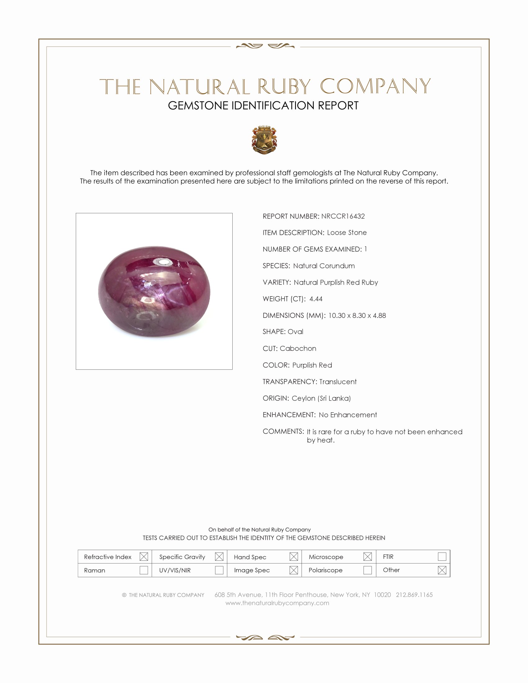4.44 Ct. Purplish Red Star Ruby from Ceylon (Sri Lanka)