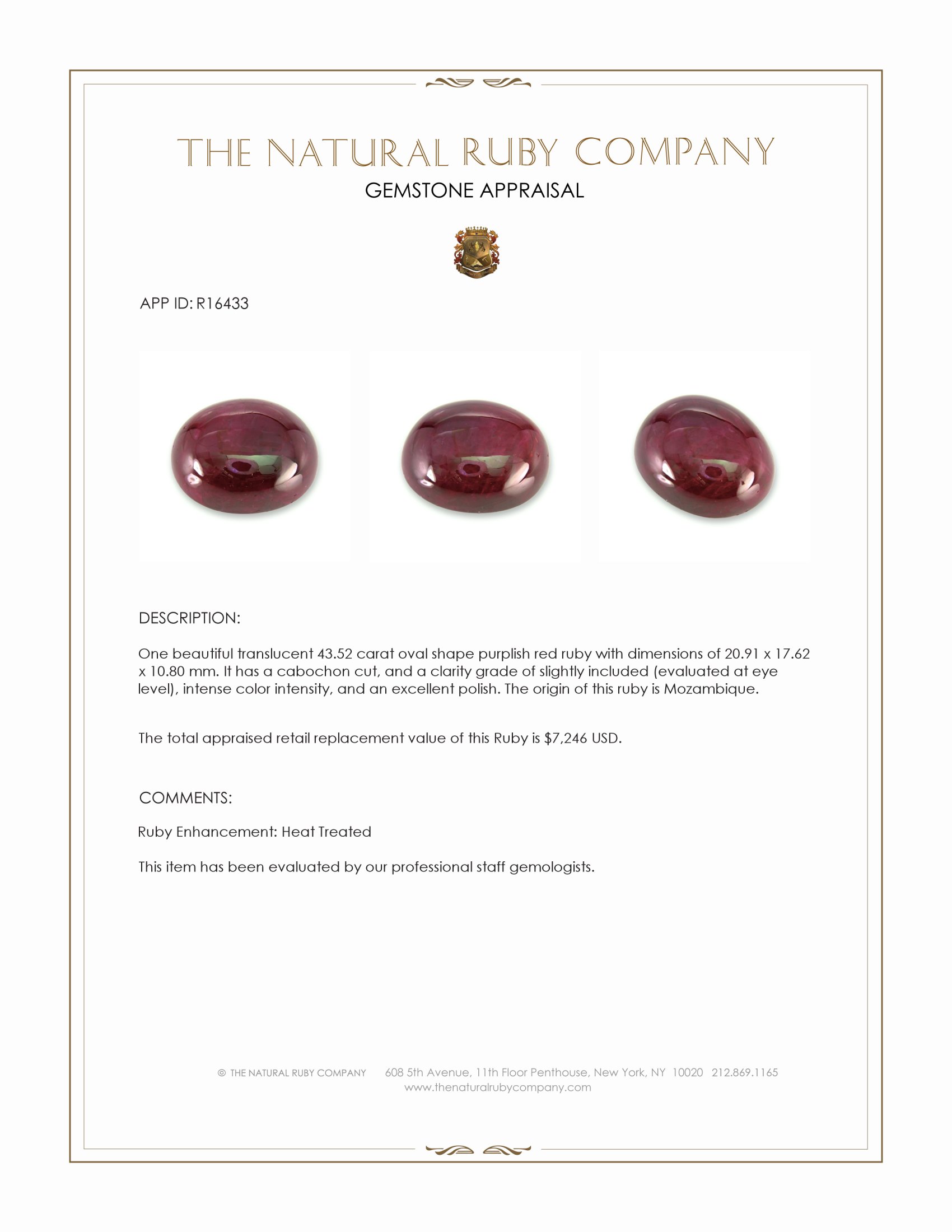 43.52 Ct. Purplish Red Cabochon Ruby from Mozambique