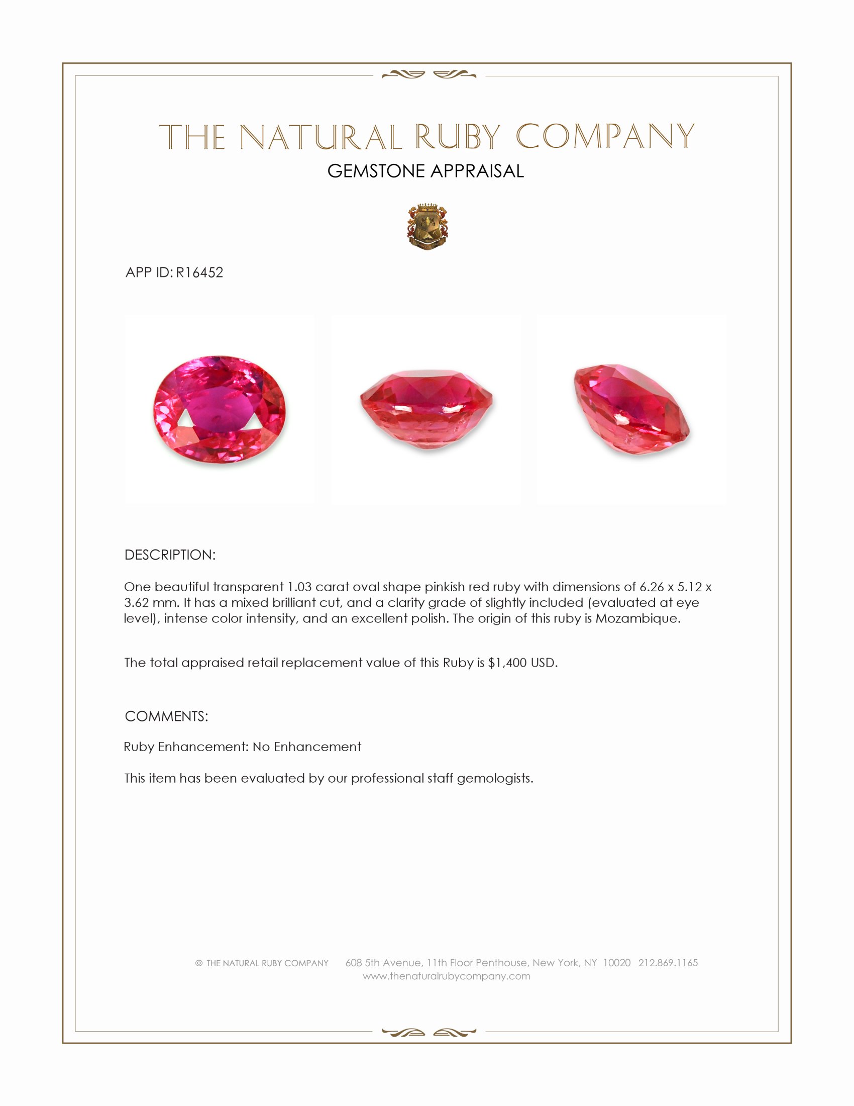 1.03 Ct. Pinkish Red Ruby from Mozambique