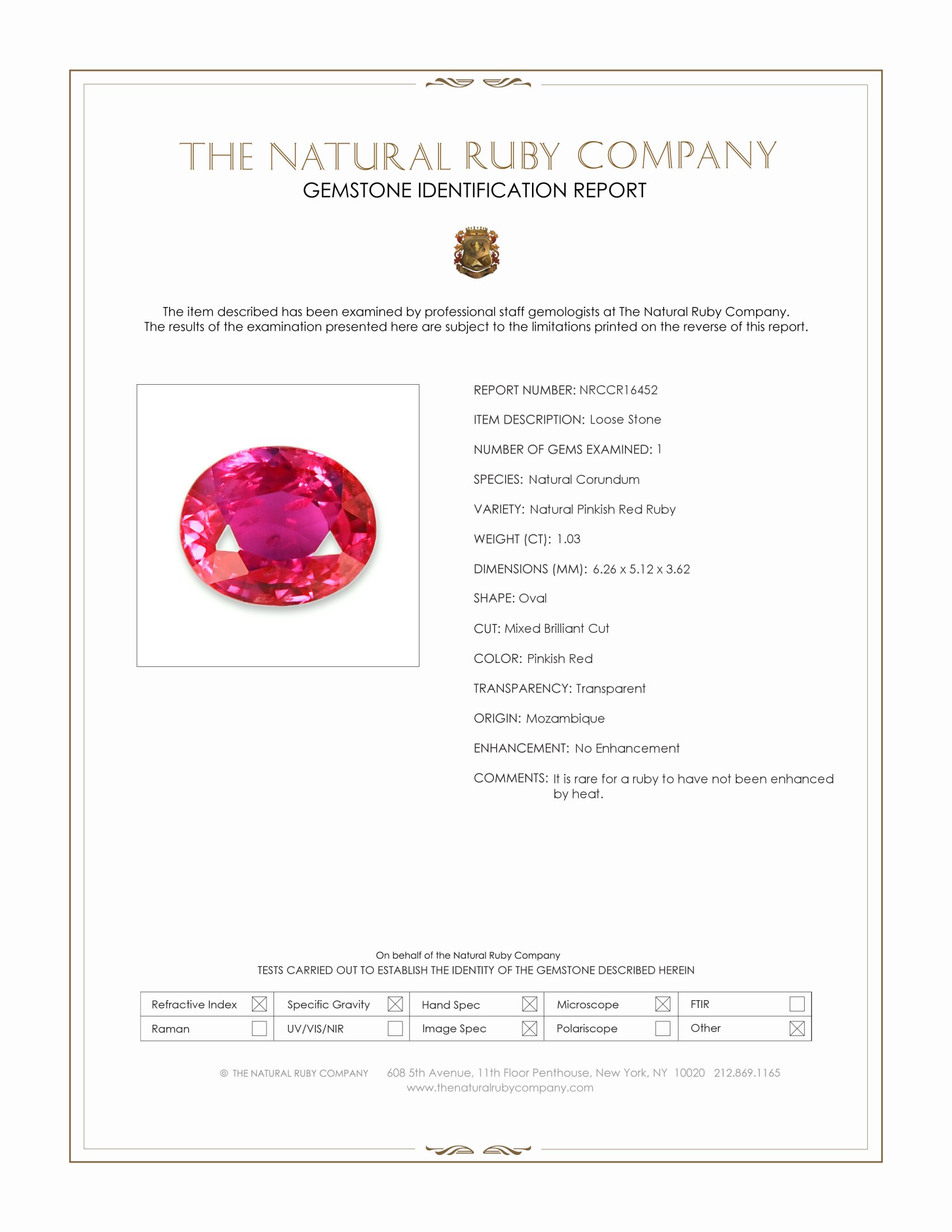 1.03 Ct. Pinkish Red Ruby from Mozambique