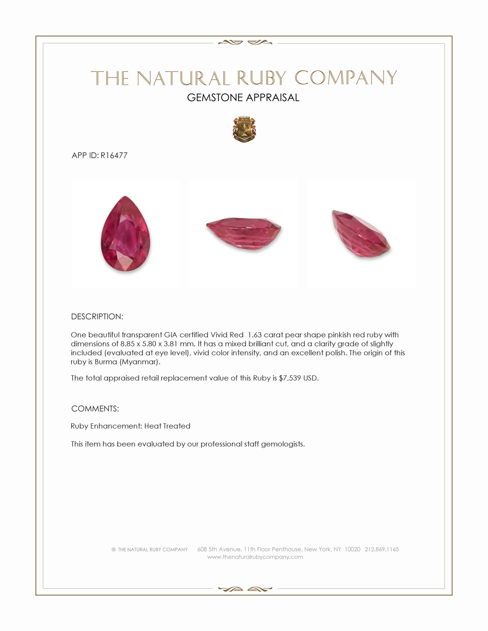 1.63 Ct. Pinkish Red Ruby from Burma (Myanmar)