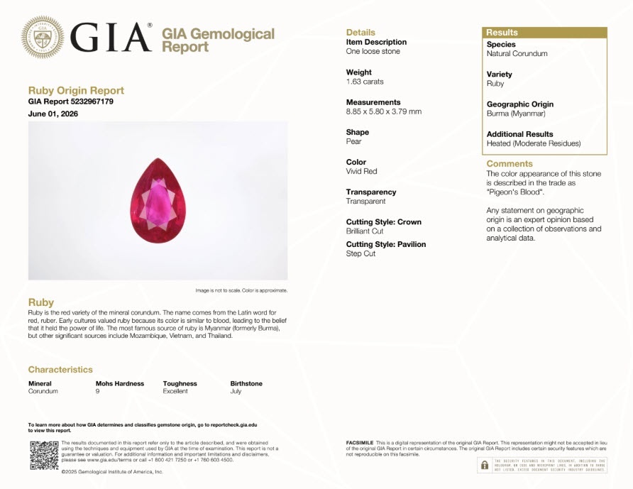 1.63 Ct. Pinkish Red Ruby from Burma (Myanmar)