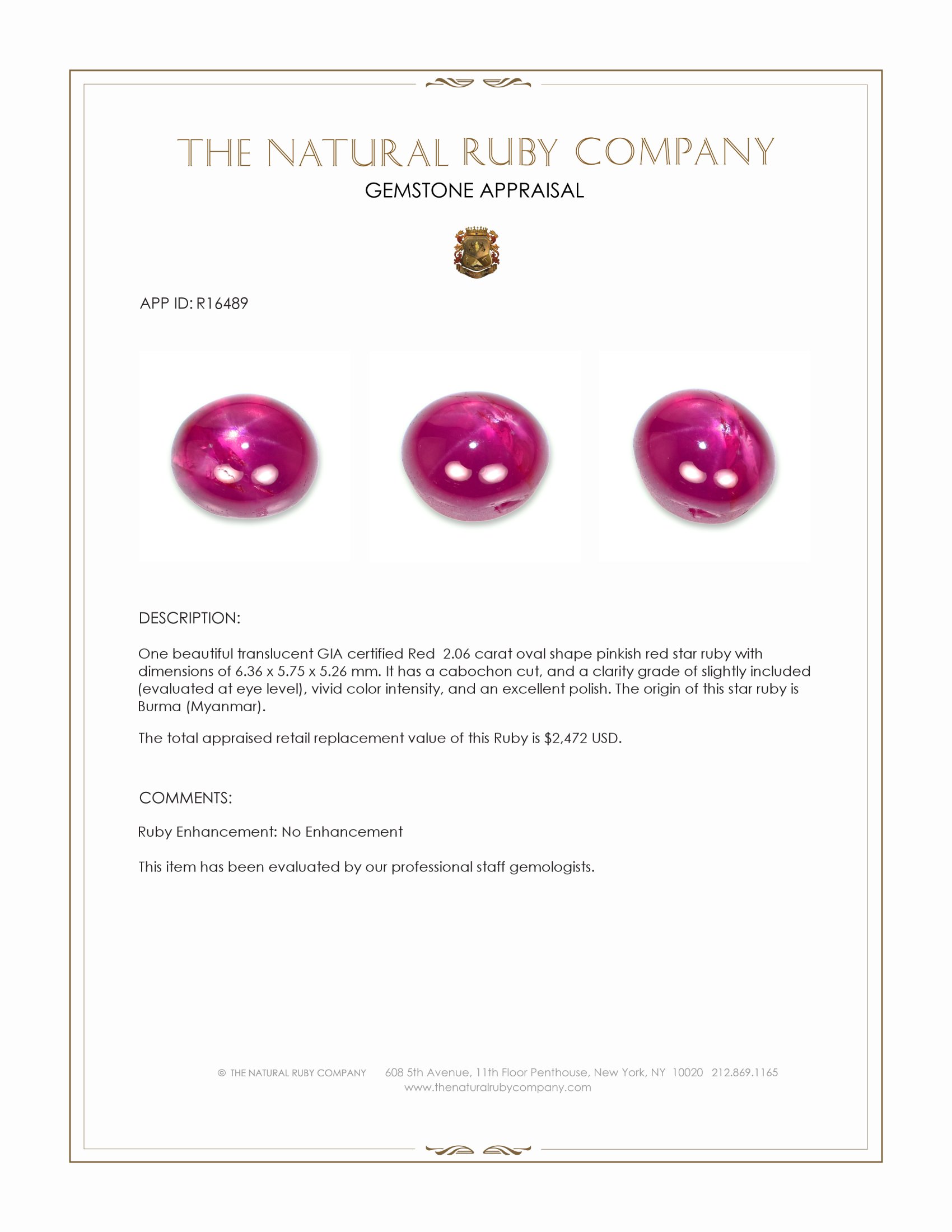 2.06 Ct. Star Ruby from Burma (Myanmar)