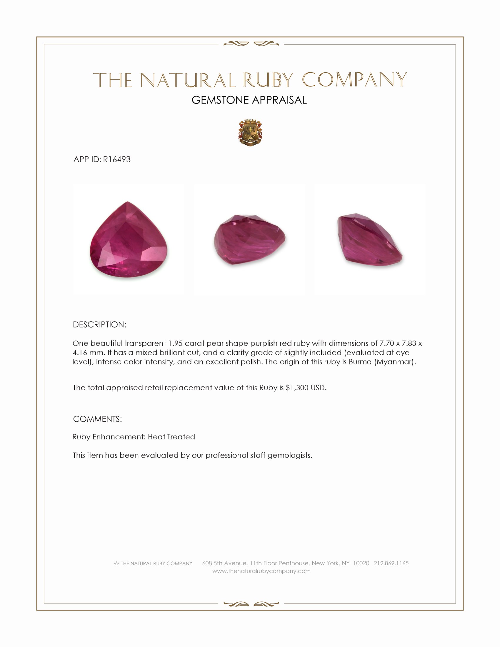 1.95 Ct. Purplish Red Ruby from Burma (Myanmar)