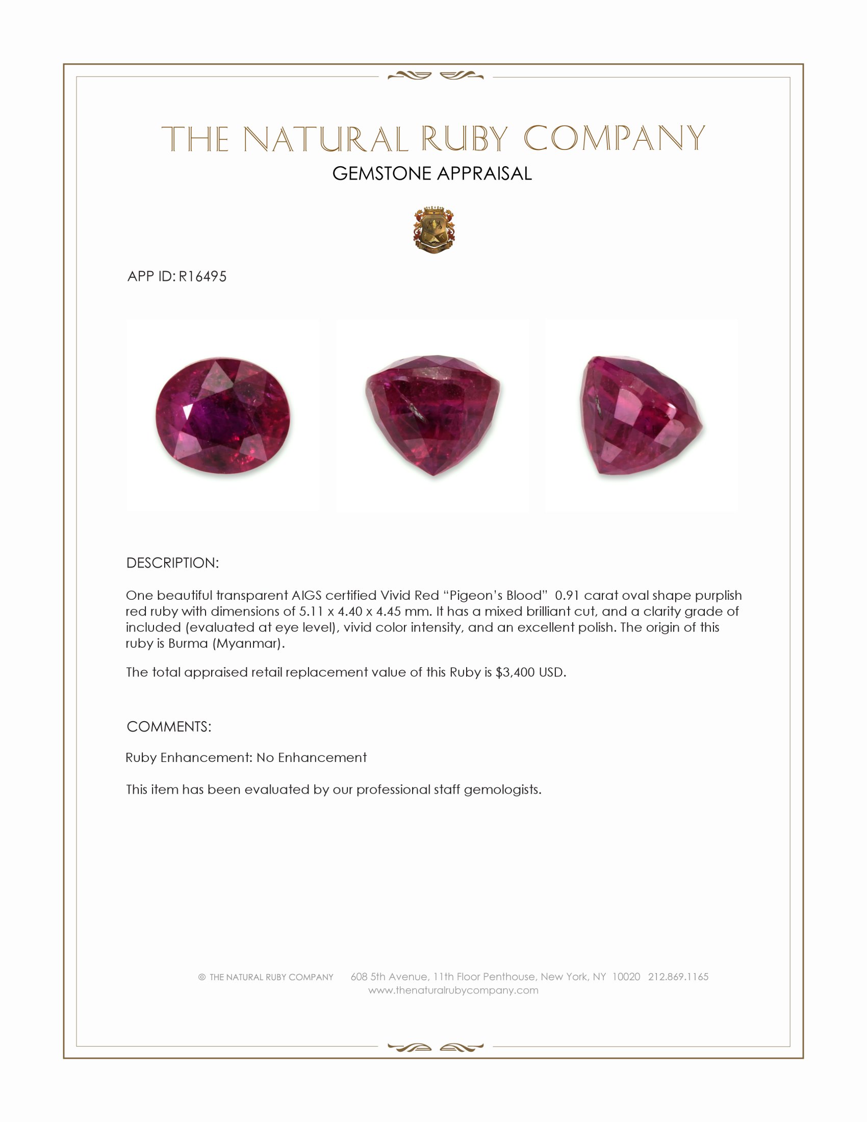 0.91 Ct. Purplish Red Ruby from Burma (Myanmar)