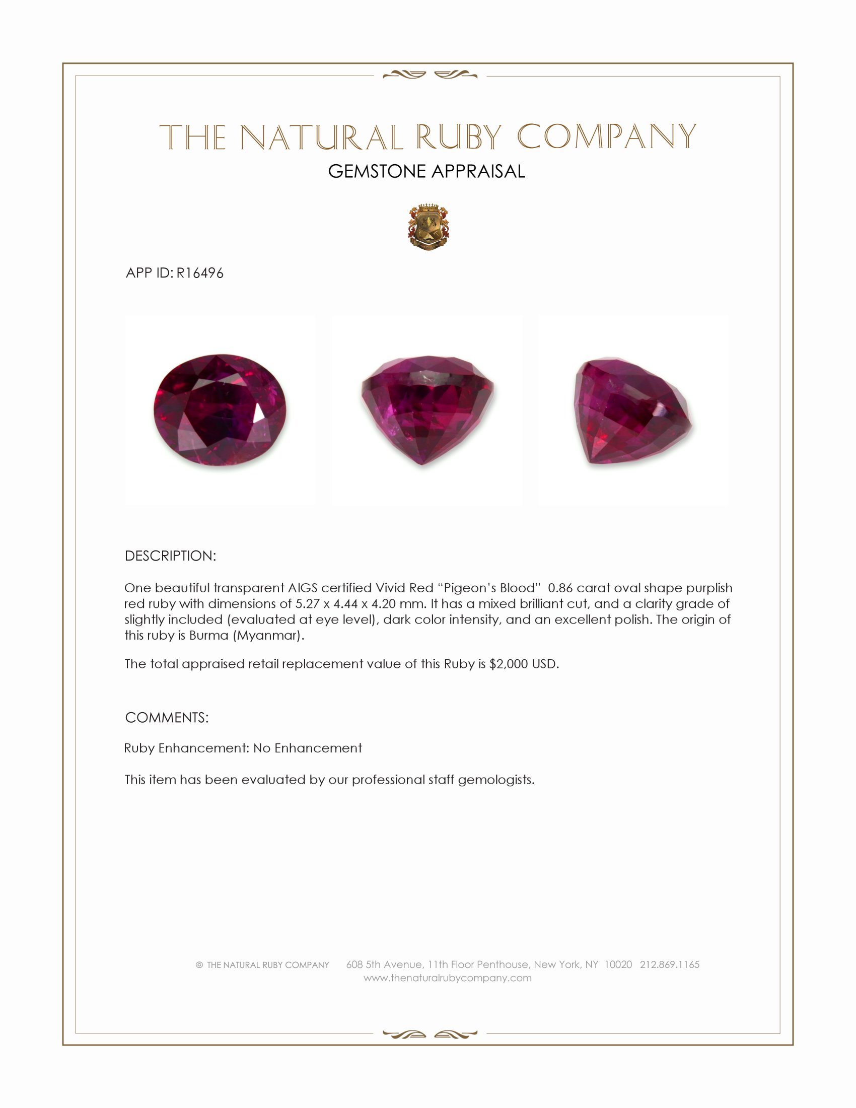 0.86 Ct. Purplish Red Ruby from Burma (Myanmar)