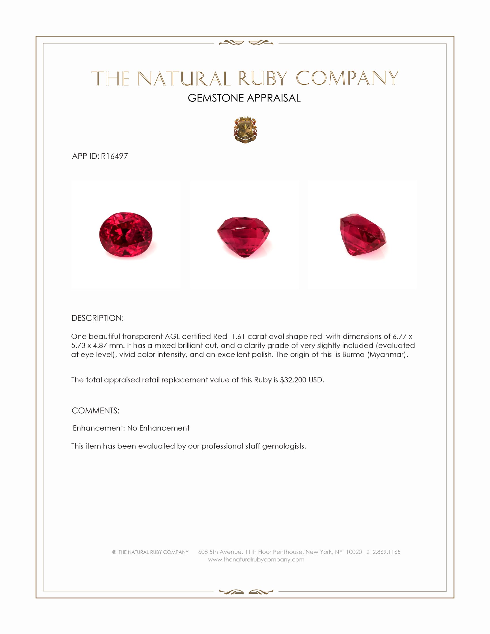 1.61 Ct. Ruby from Burma (Myanmar)