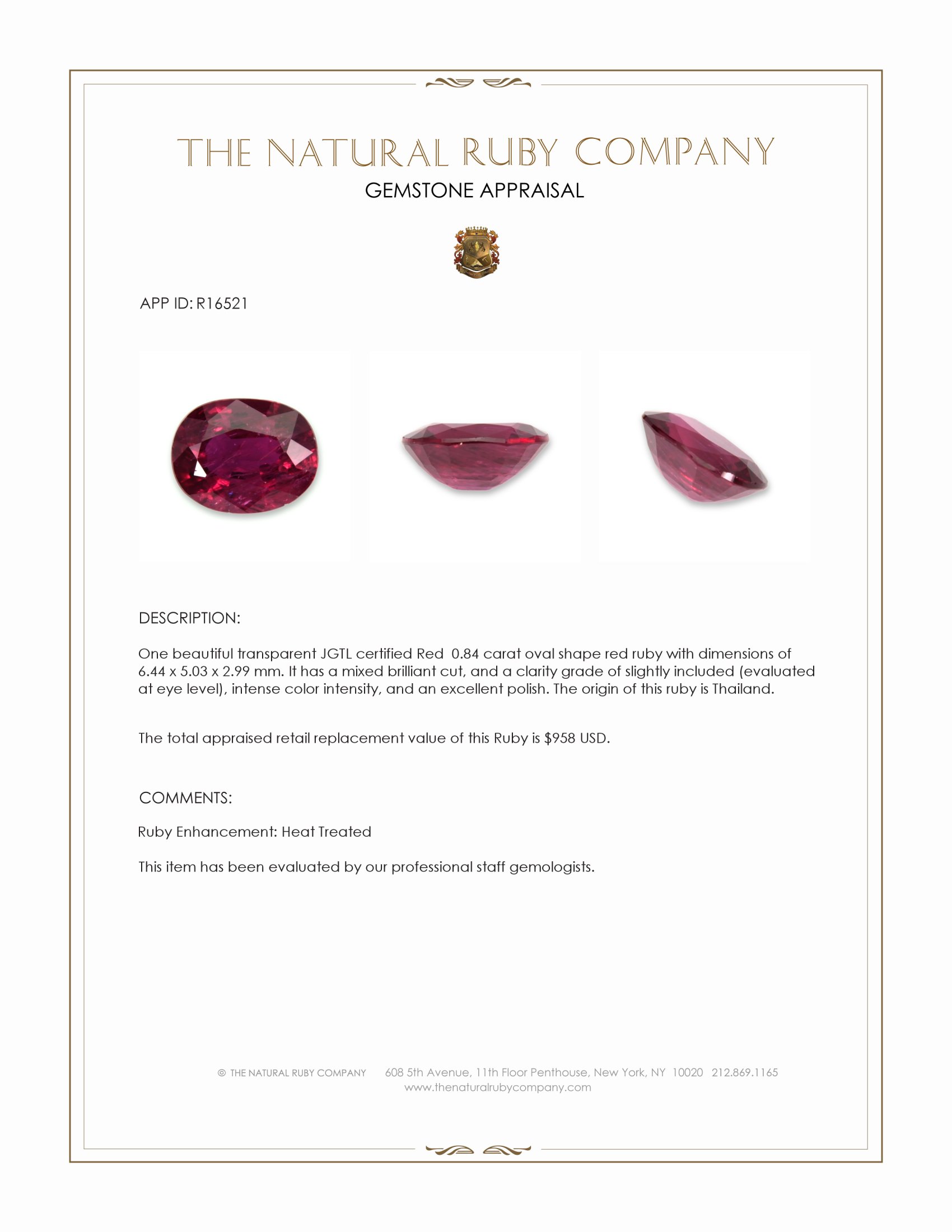 0.84 Ct. Ruby from Thailand