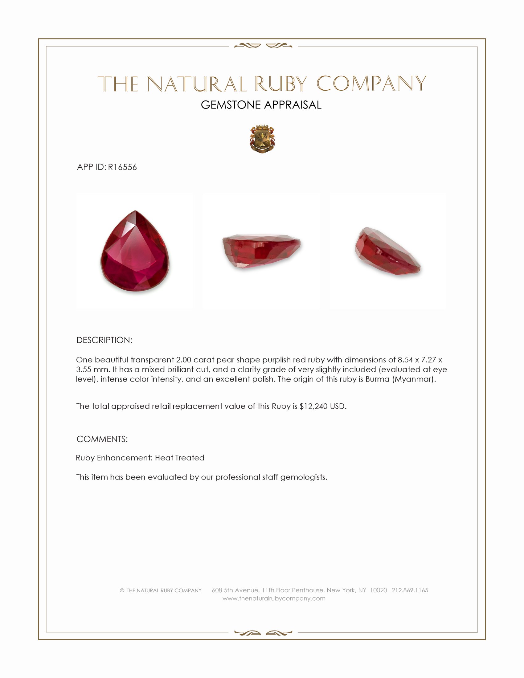 2.00 Ct. Purplish Red Ruby from Burma (Myanmar)