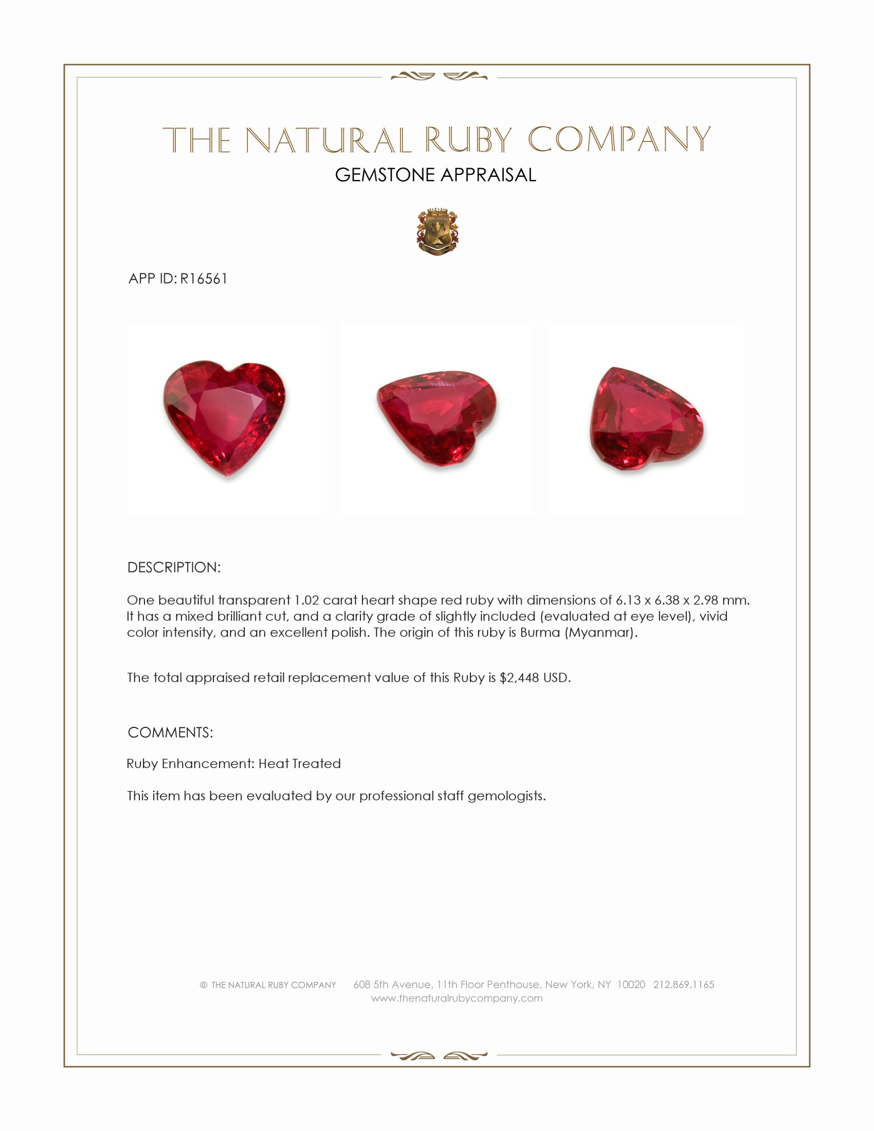 1.02 Ct. Ruby from Burma (Myanmar)