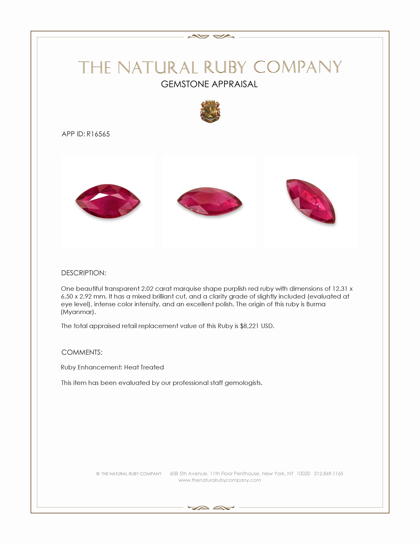 2.02 Ct. Purplish Red Ruby from Burma (Myanmar)