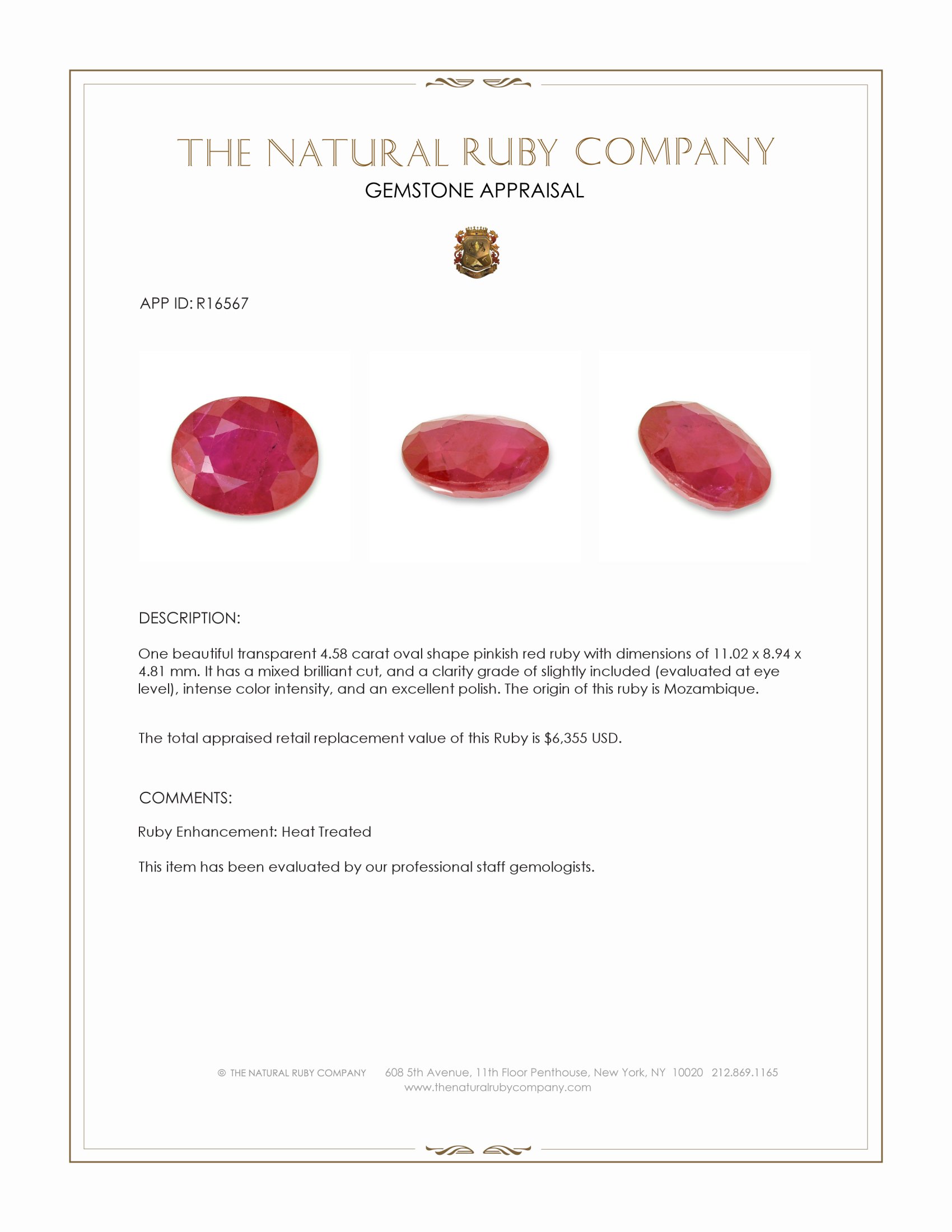 4.58 Ct. Pinkish Red Ruby from Mozambique