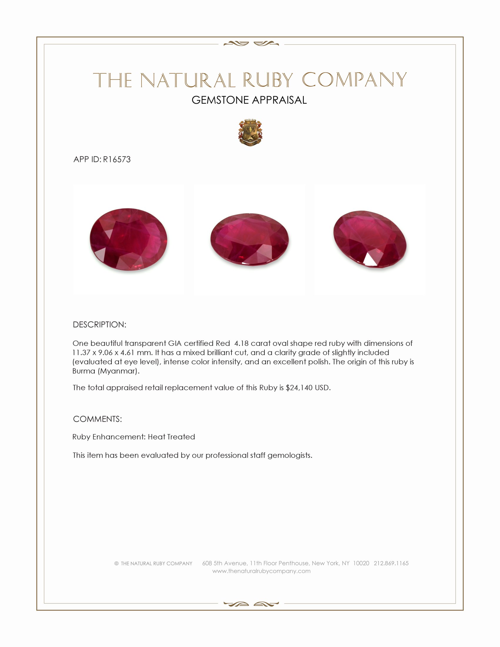 4.18 Ct. Ruby from Burma (Myanmar)