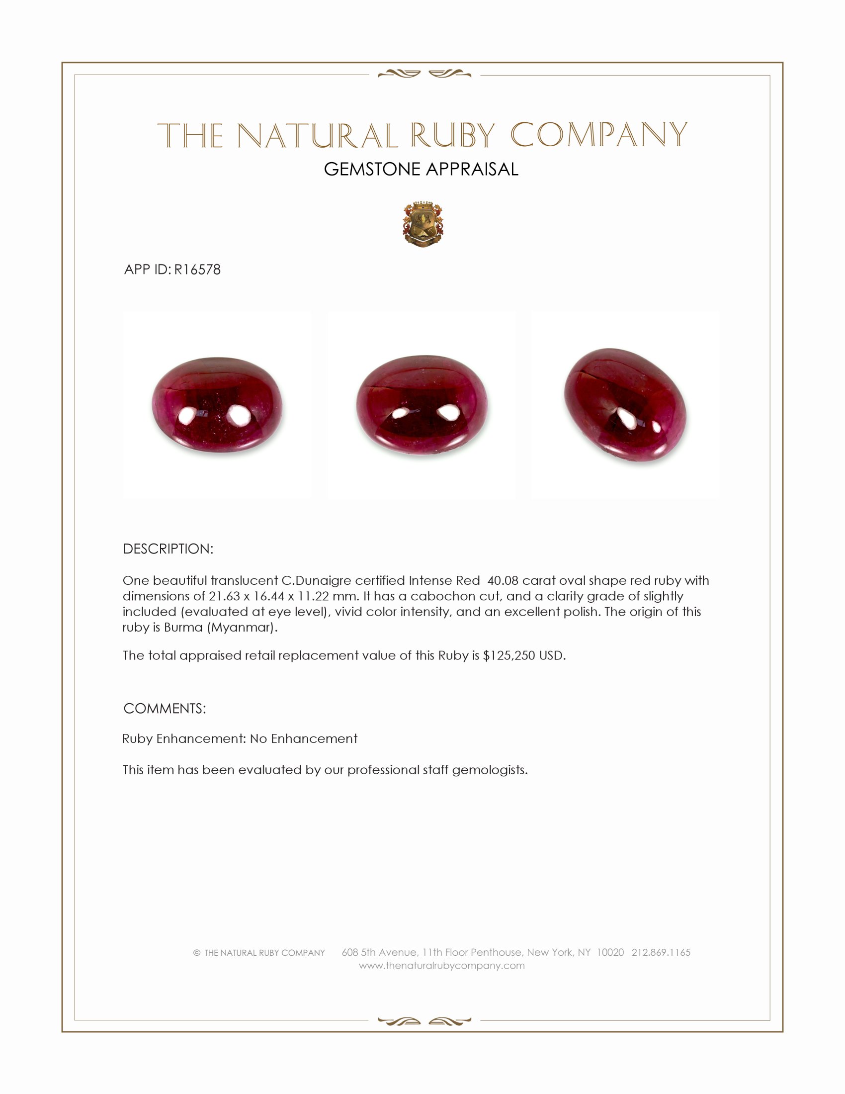 40.08 Ct. Cabochon Ruby from Burma (Myanmar)