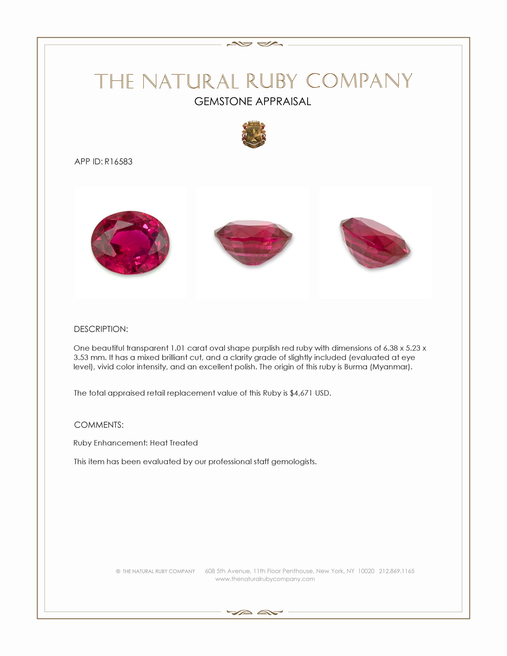 1.01 Ct. Purplish Red Ruby from Burma (Myanmar)
