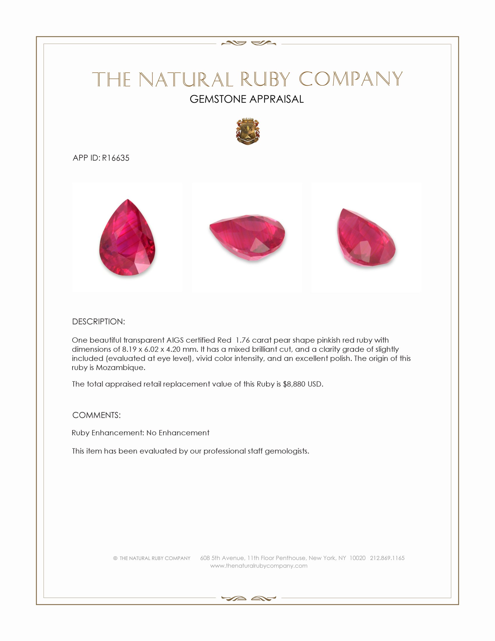 1.76 Ct. Pinkish Red Ruby from Mozambique