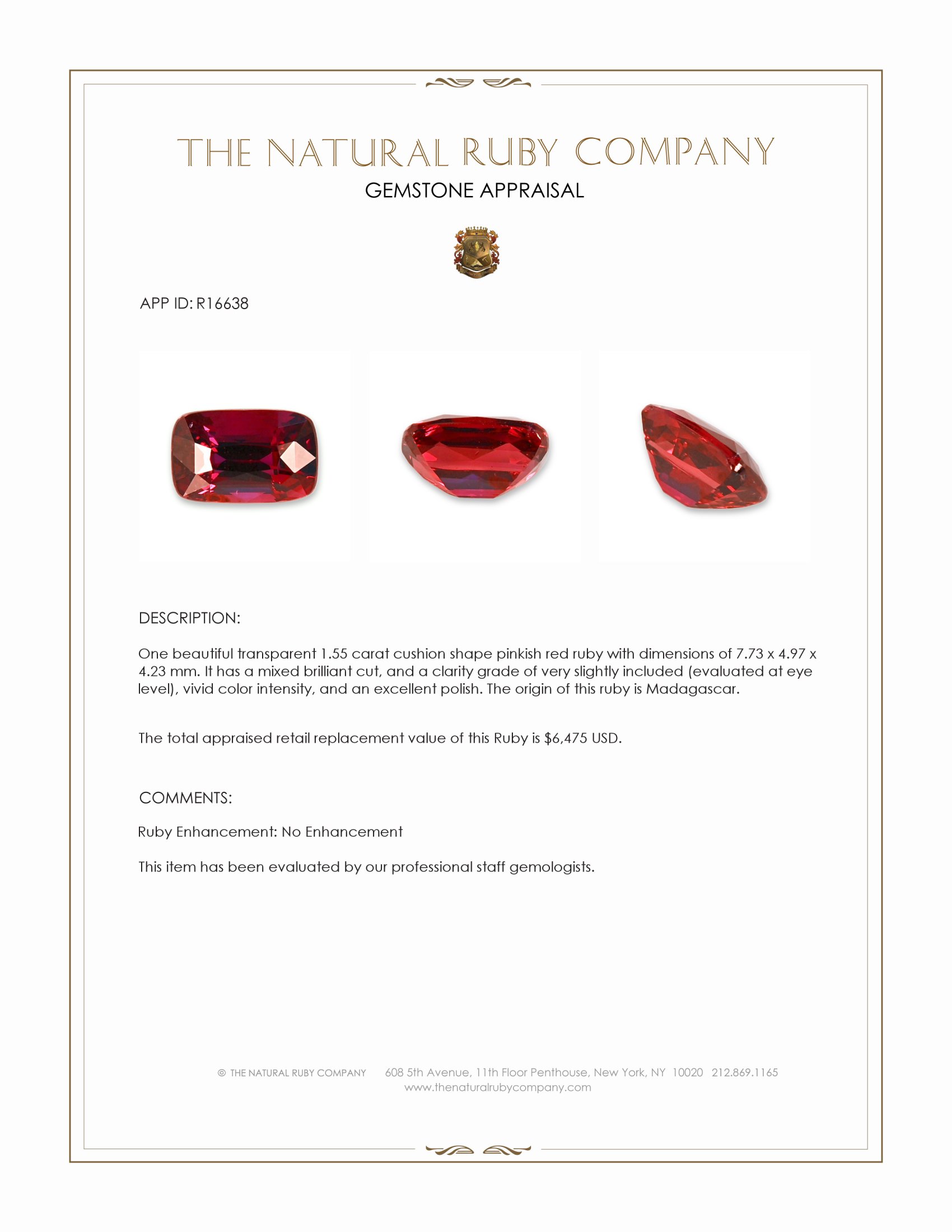 1.55 Ct. Pinkish Red Ruby from Madagascar
