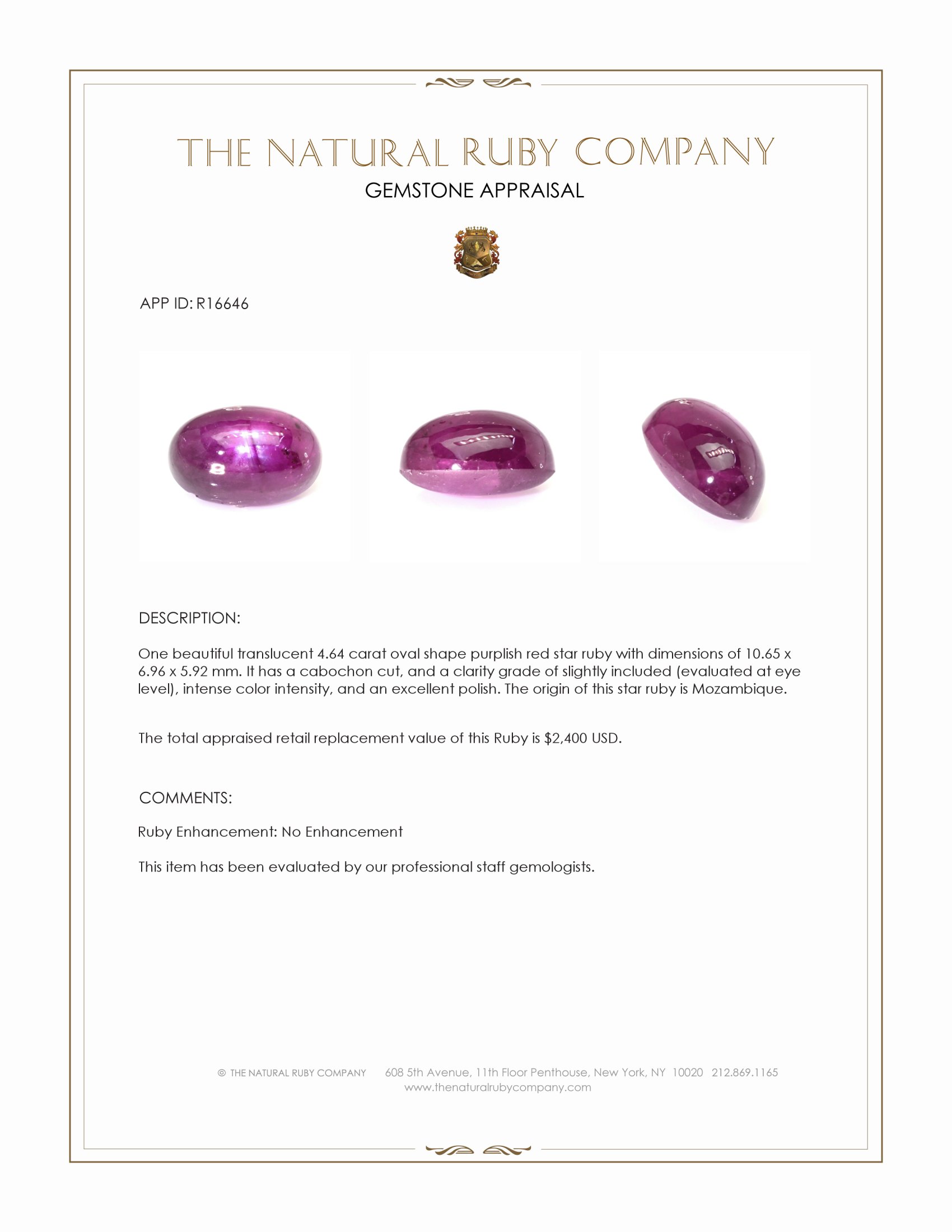 4.64 Ct. Purplish Red Star Ruby from Mozambique