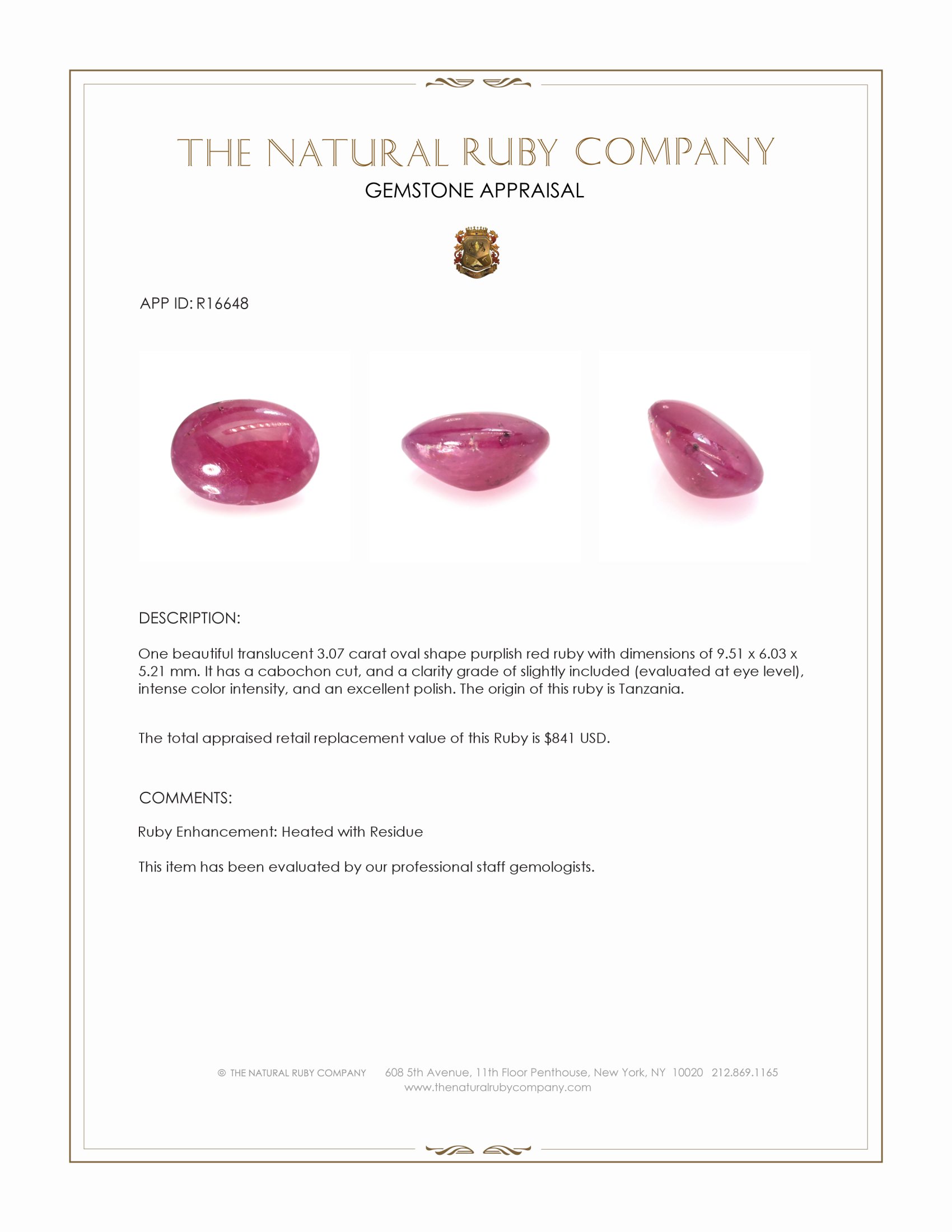 3.07 Ct. Purplish Red Cabochon Ruby from Tanzania