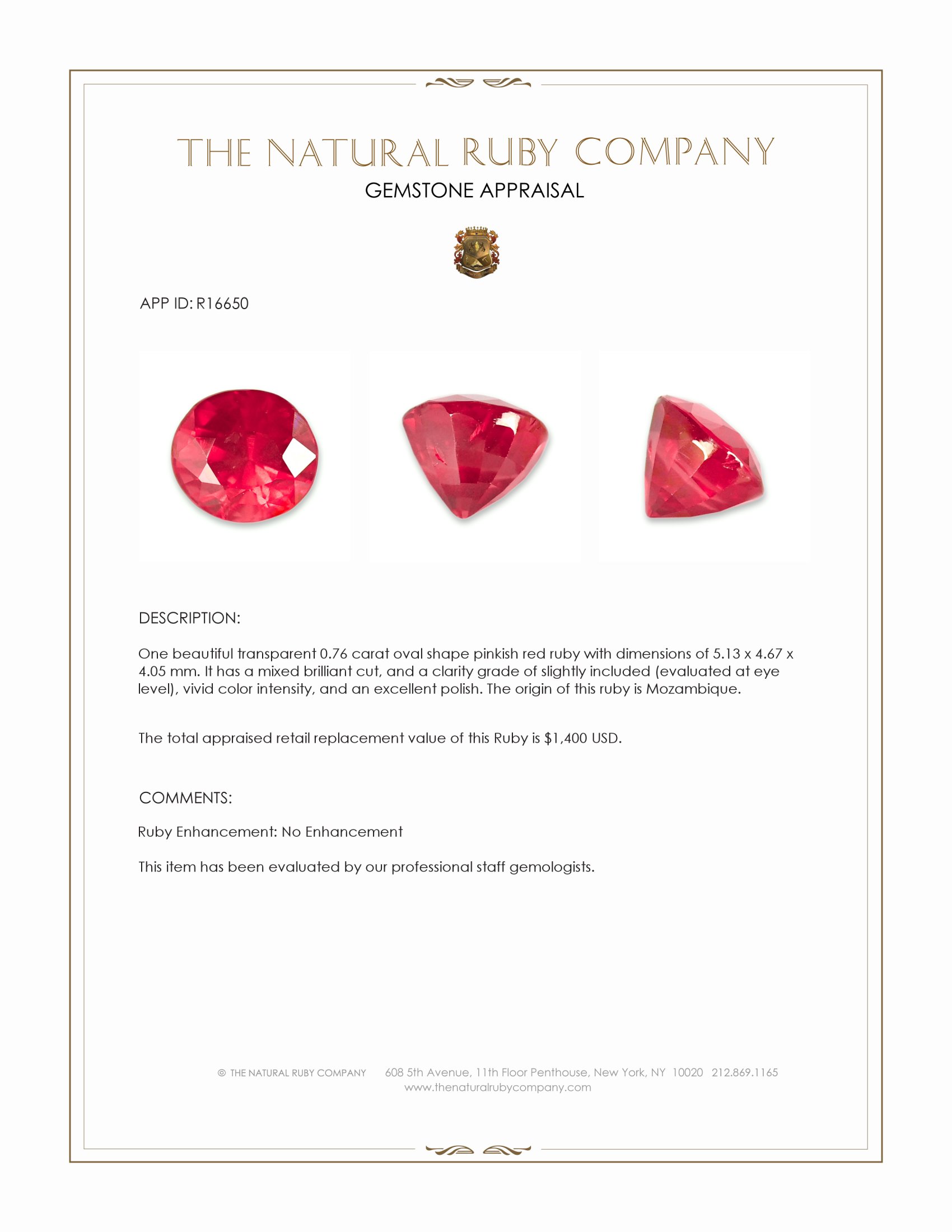 0.76 Ct. Pinkish Red Ruby from Mozambique