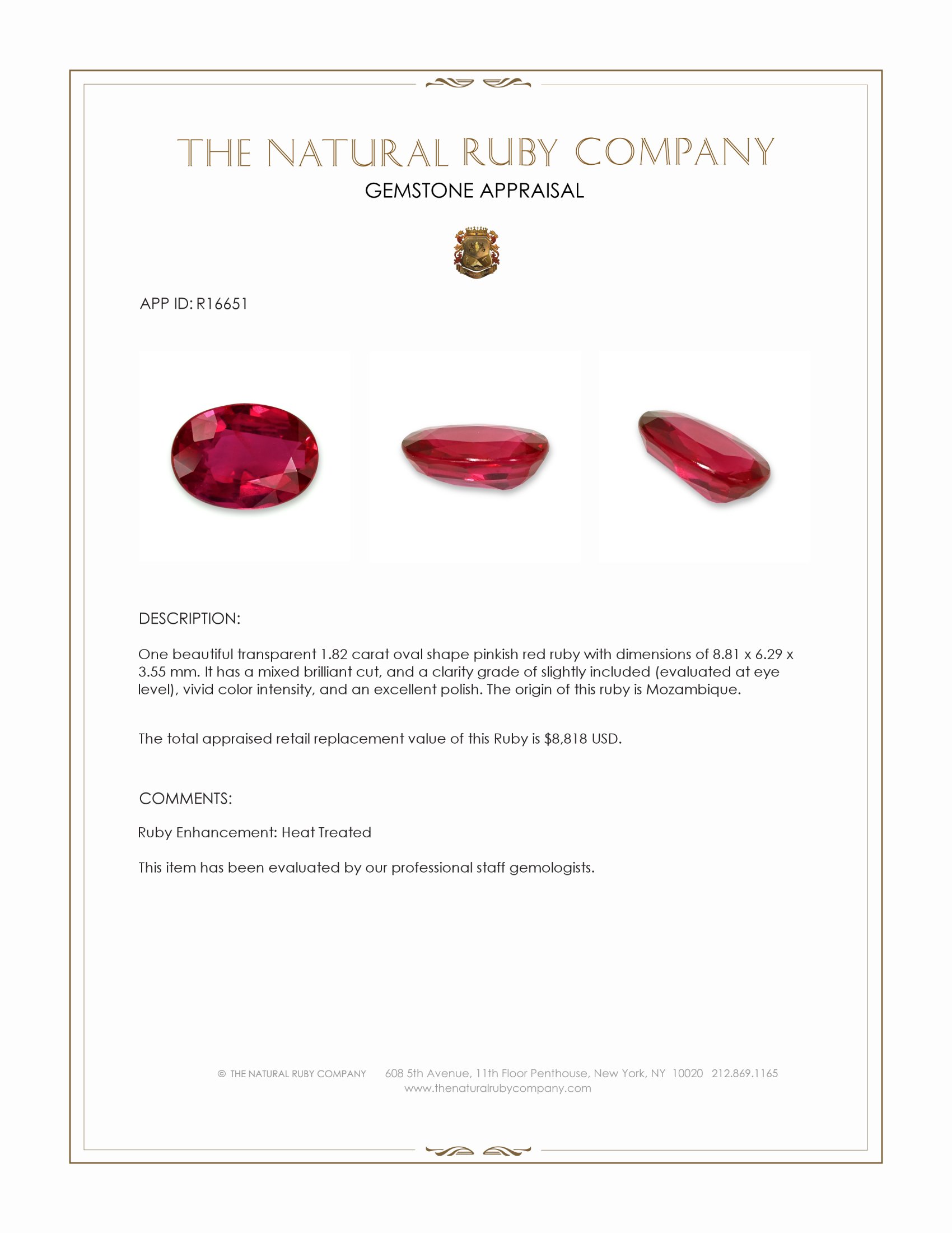 1.82 Ct. Pinkish Red Ruby from Mozambique