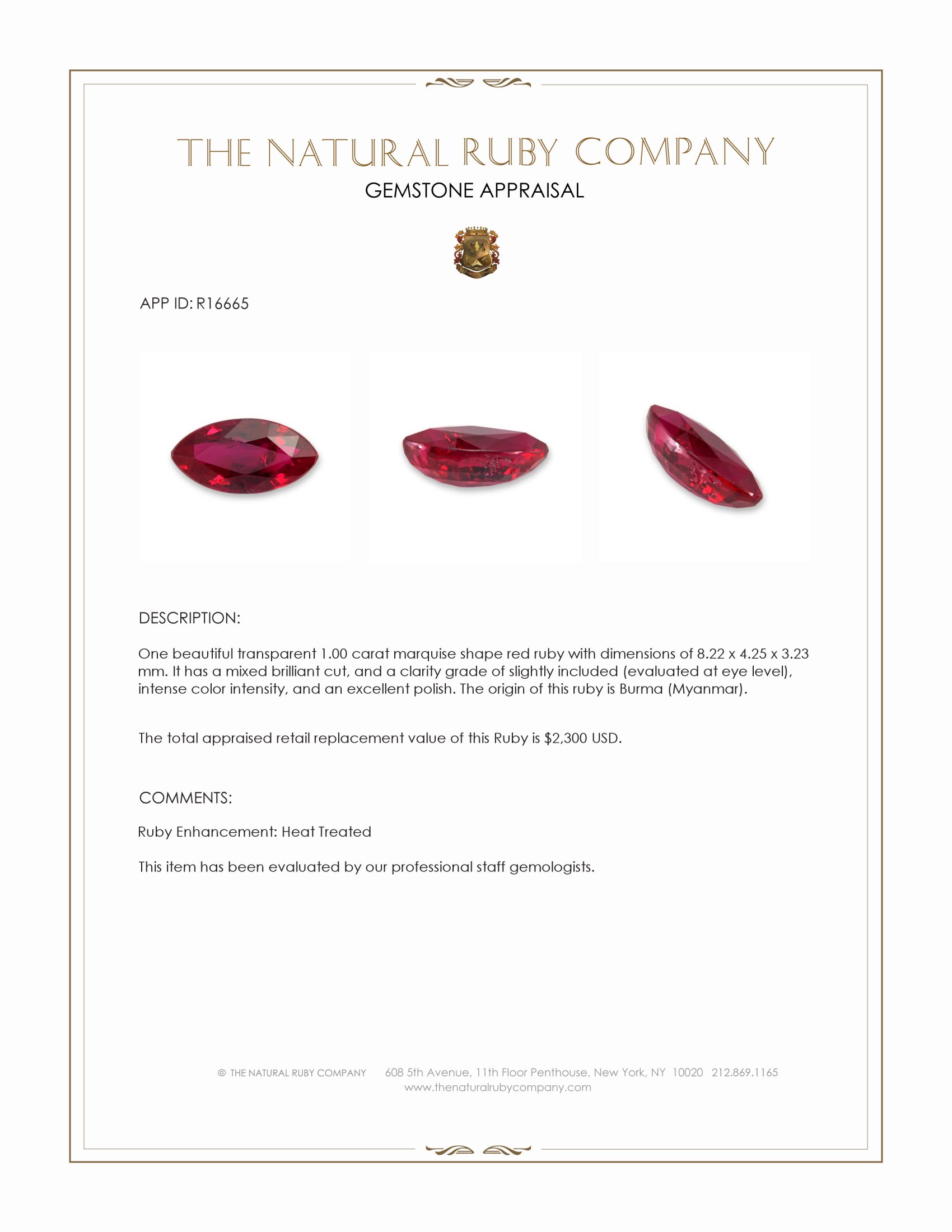 1.00 Ct. Ruby from Burma (Myanmar)