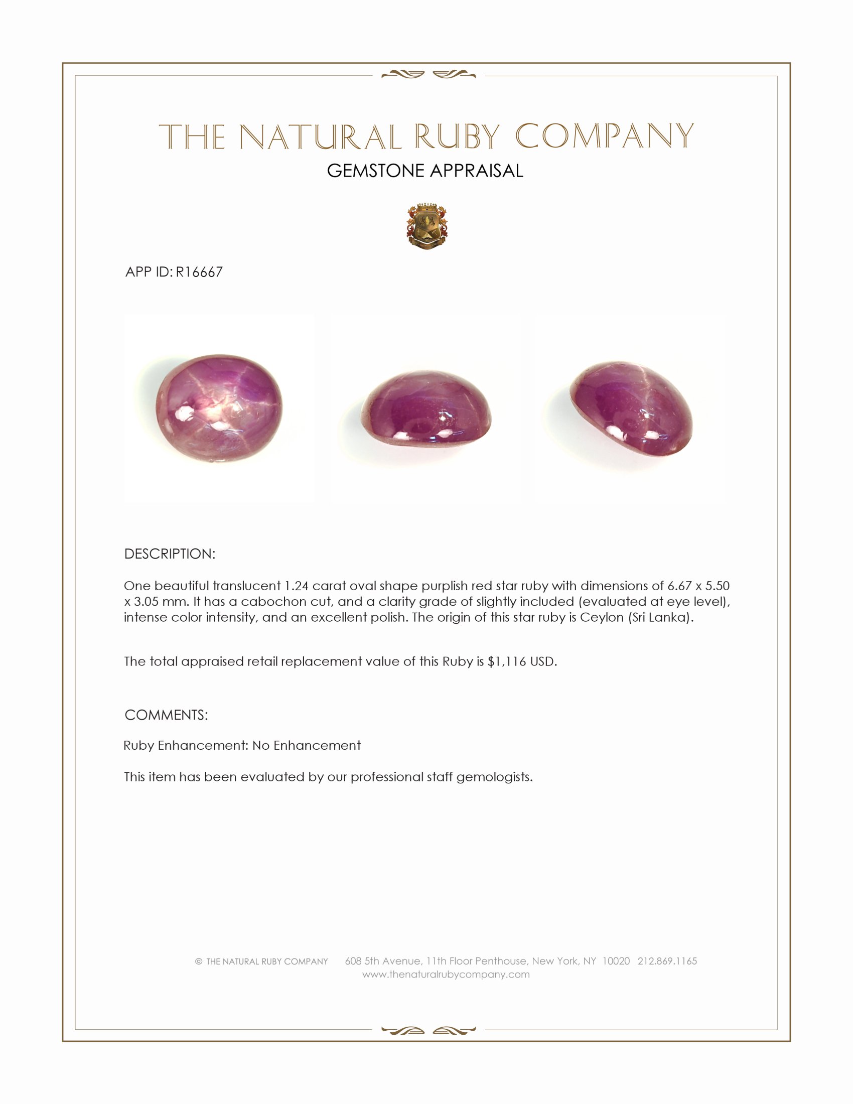 1.24 Ct. Purplish Red Star Ruby from Ceylon (Sri Lanka)