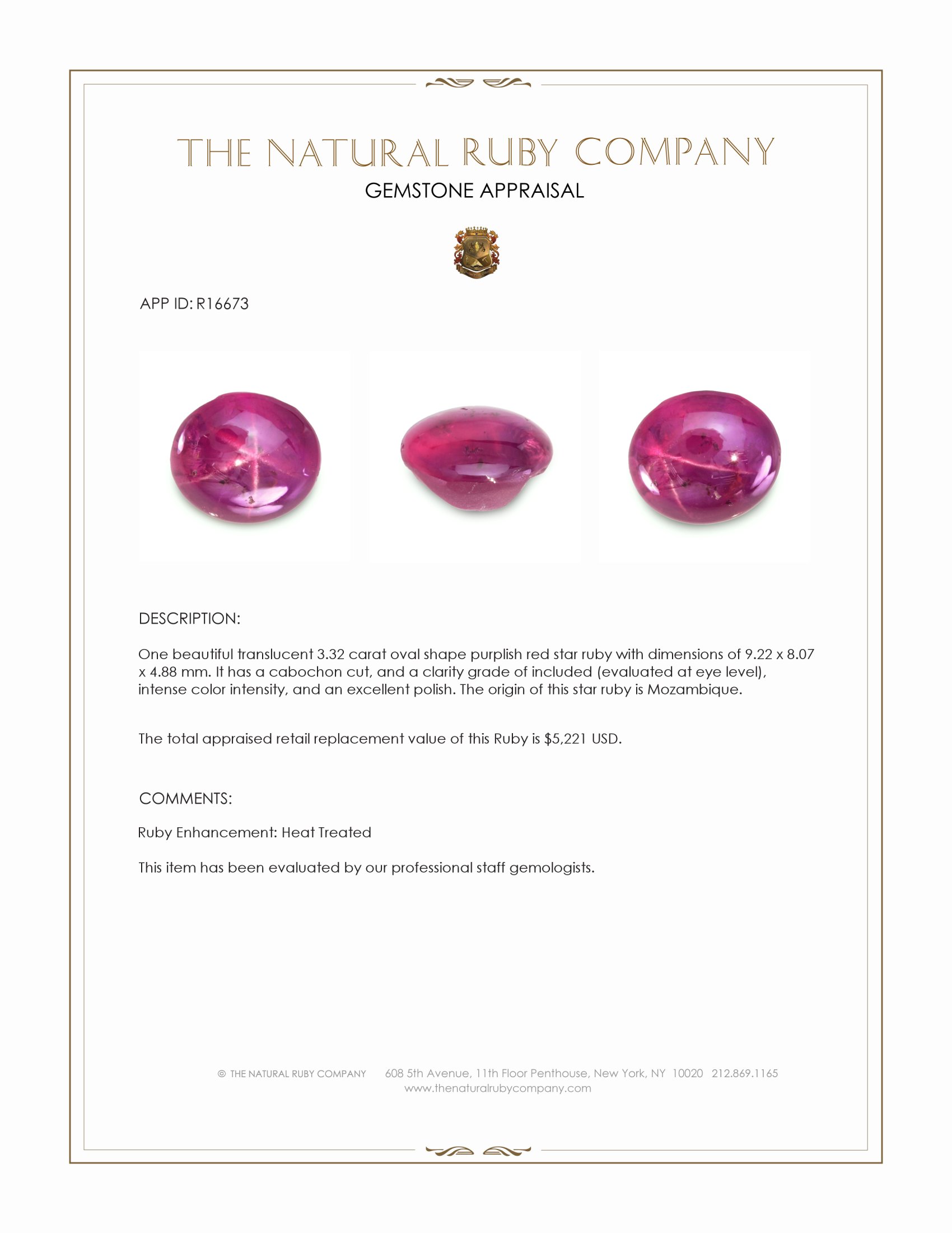 3.32 Ct. Purplish Red Star Ruby from Mozambique