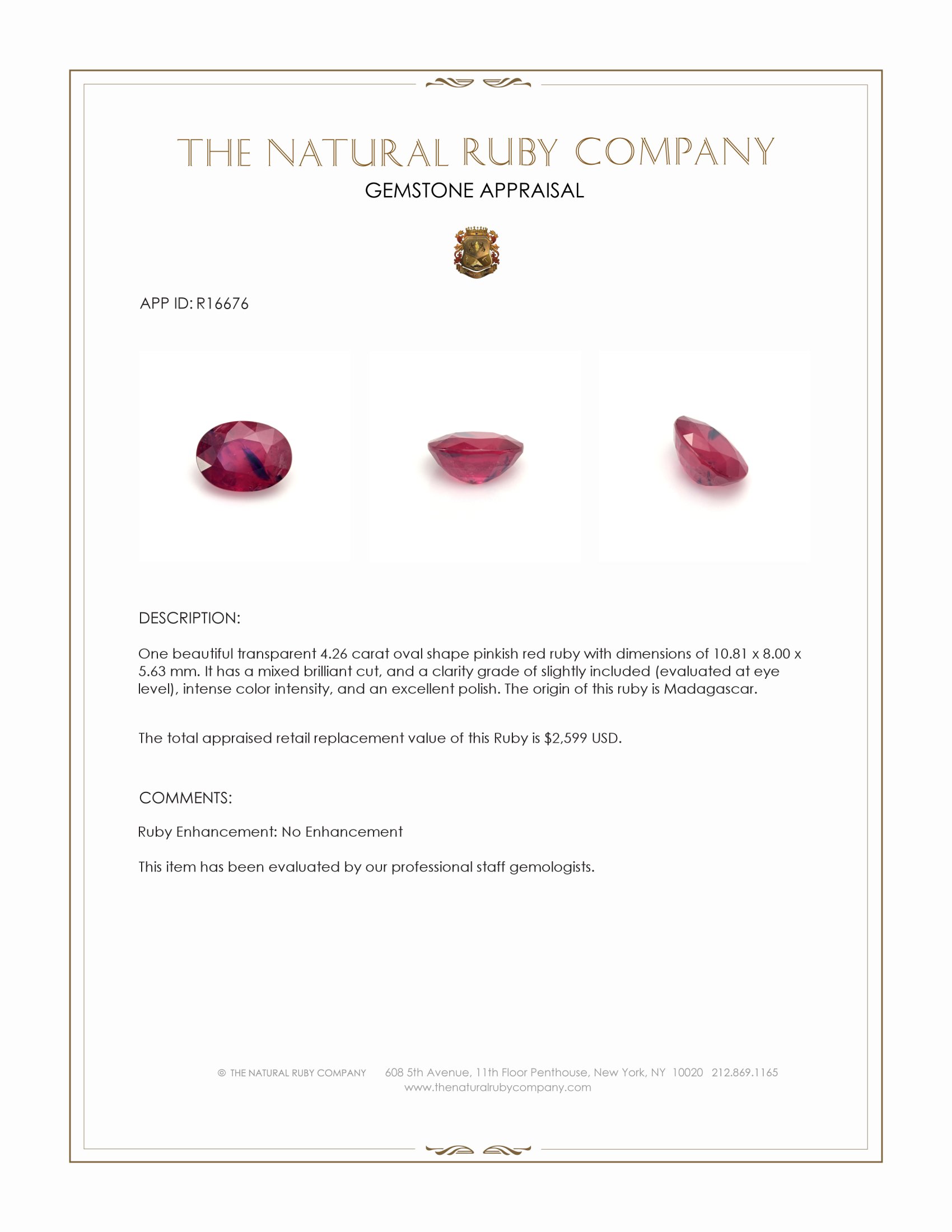 4.26 Ct. Pinkish Red Ruby from Madagascar