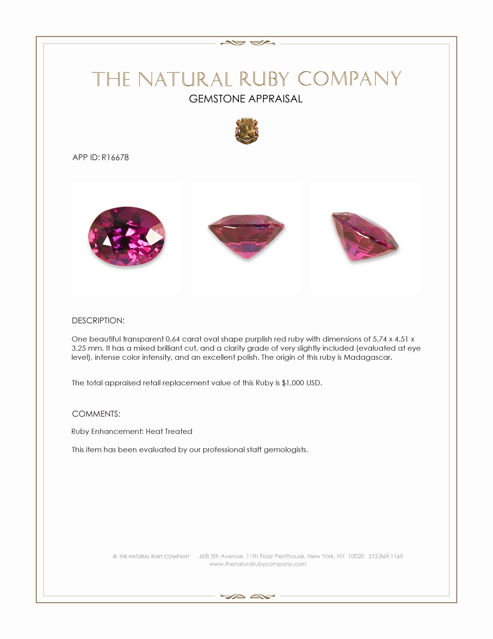 0.64 Ct. Purplish Red Ruby from Madagascar